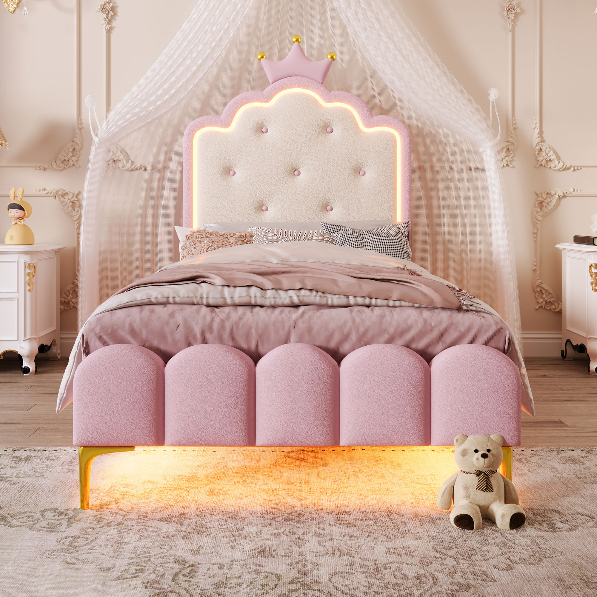 Lit rembourré 90x200 avec éclairage LED et sommier à lattes, rose