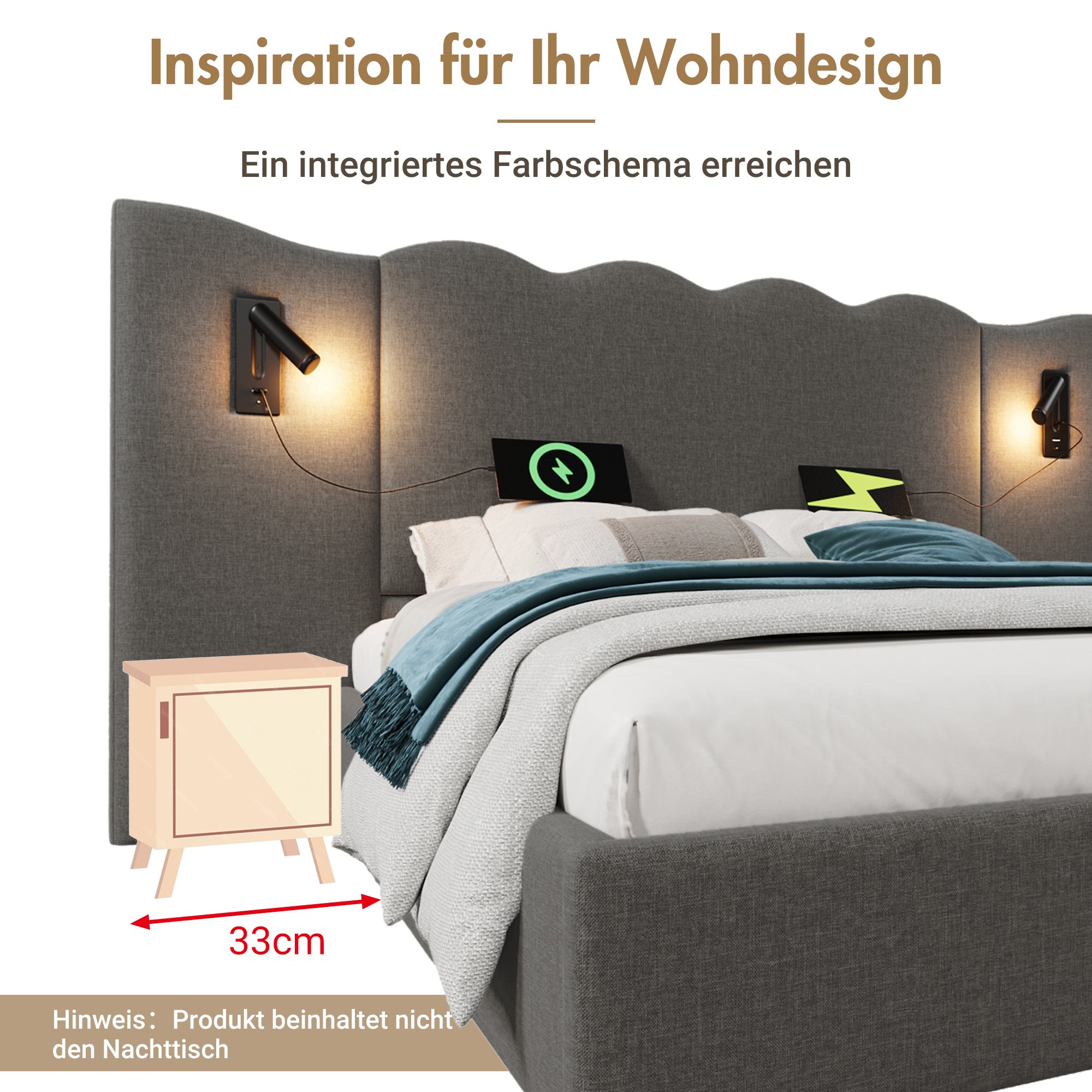 lit coffre 160x200 cm gris clair avec tête de lit capitonnée ondulée, espace sous matelas pour rangement et table de chevet