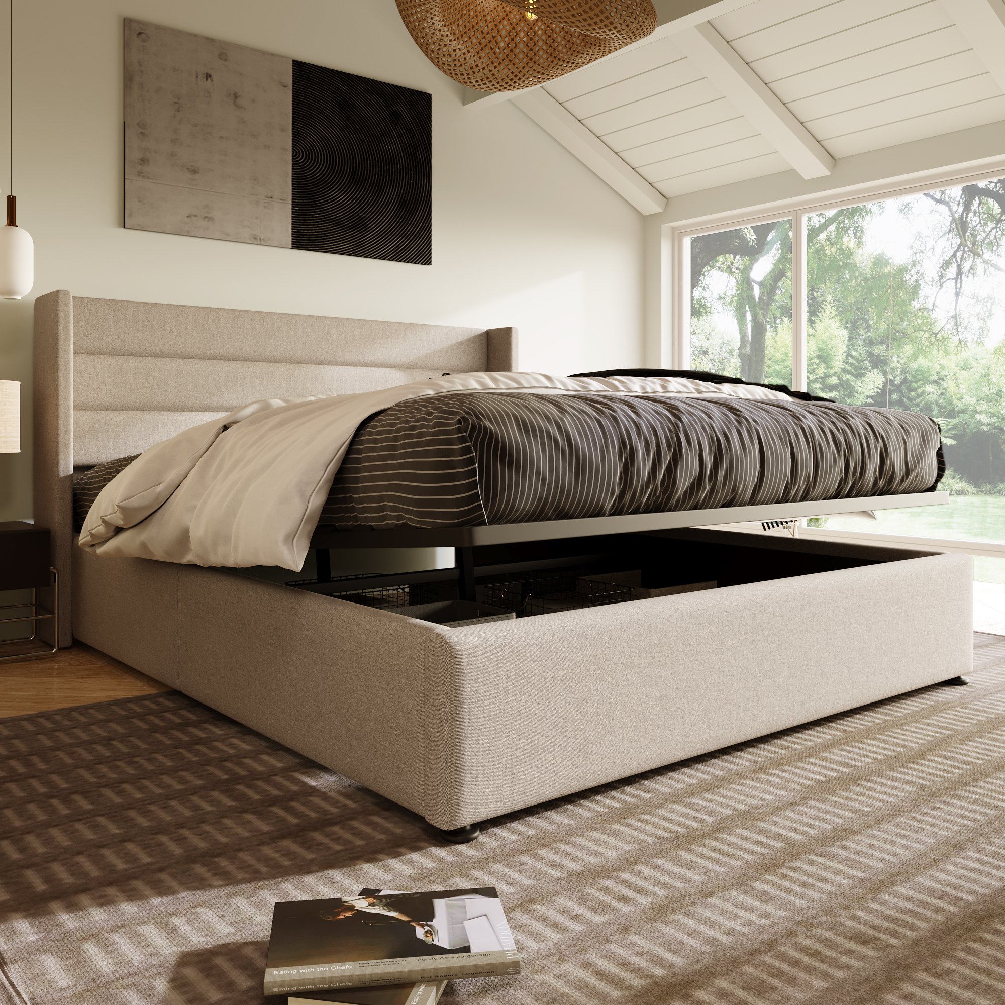 lit coffre 160x200 avec système hydraulique pour rangement sous matelas et tête de lit rembourrée confortable