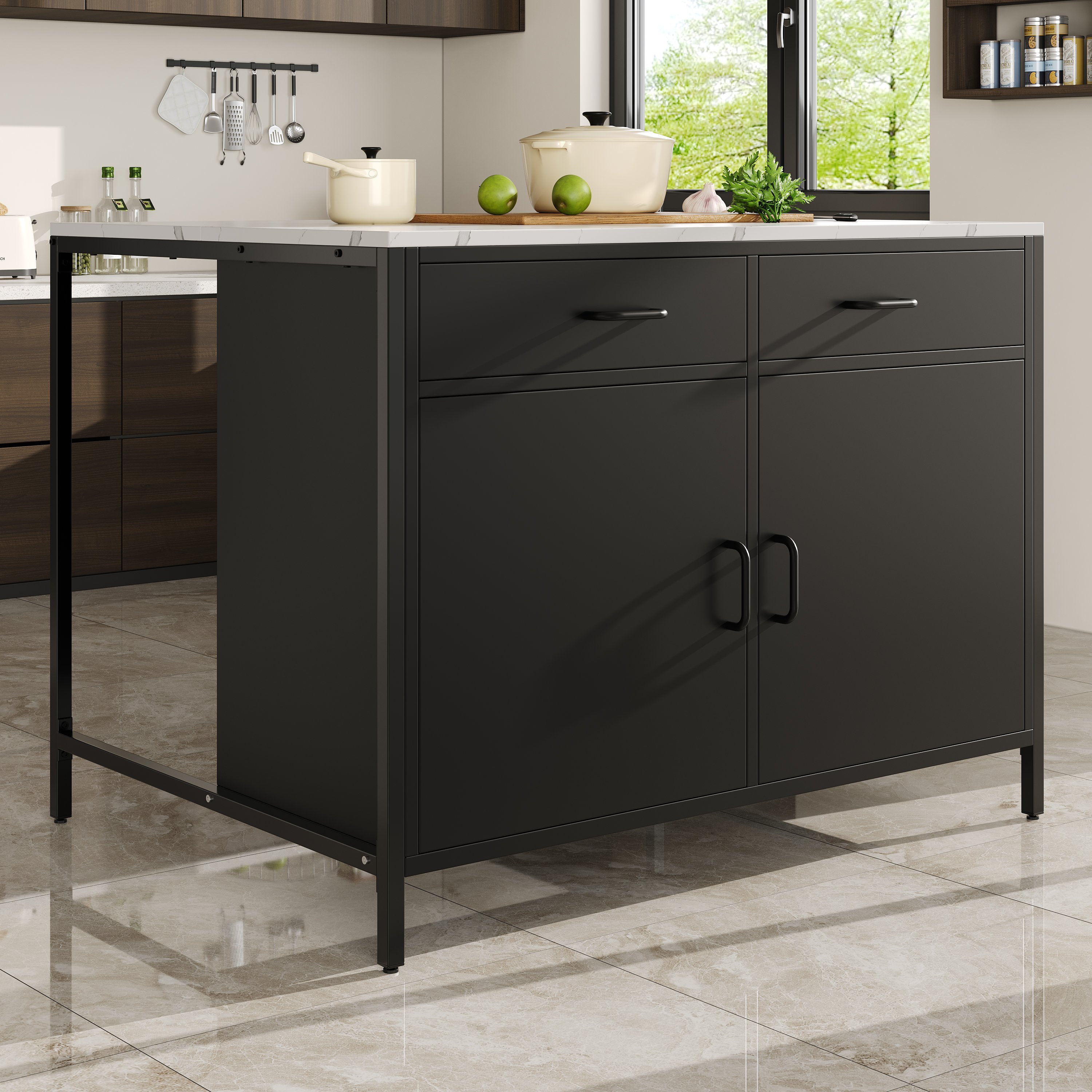 Îlot de cuisine noir avec rangement, plan de travail en marbre, pieds en fer, 100x90x90 cm, pour cuisine et salle à manger