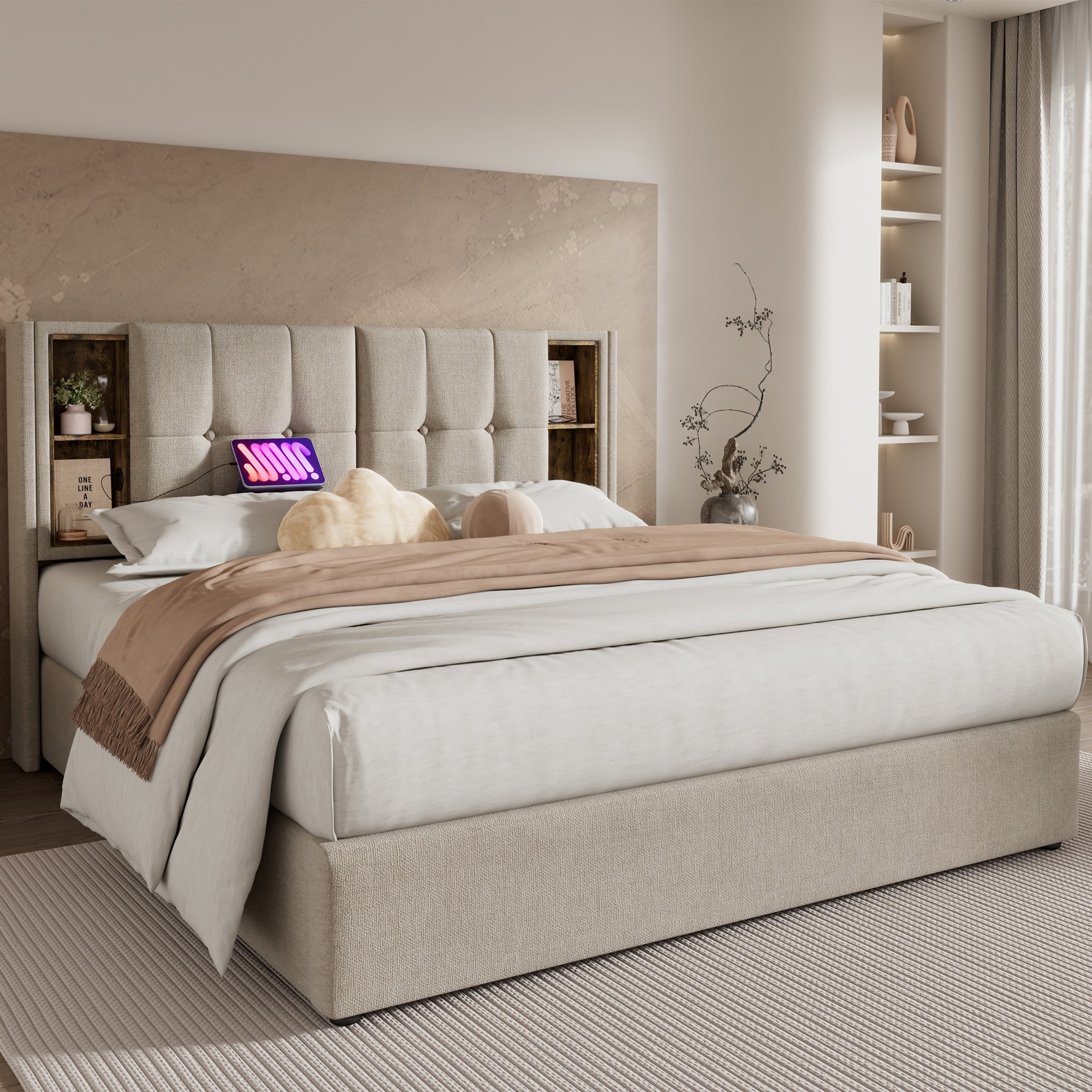 lit coffre double 160x200 avec tête de lit rembourrée naturelle, chargeur sans fil intégré et sommier à lattes