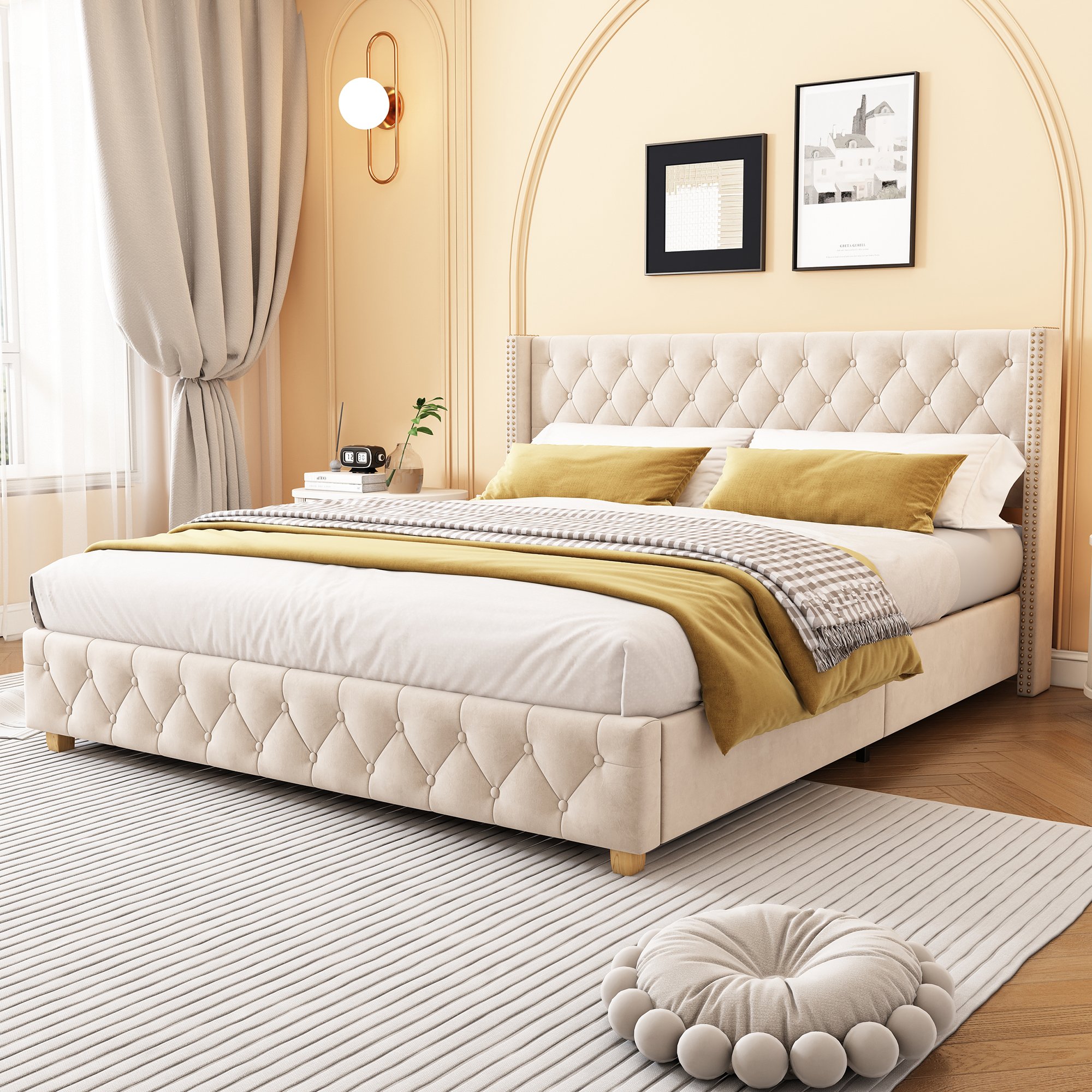 Lit capitonné 160x200 avec sommier à lattes, structure stable et pieds bois pour matelas double, style élégant en velours beige