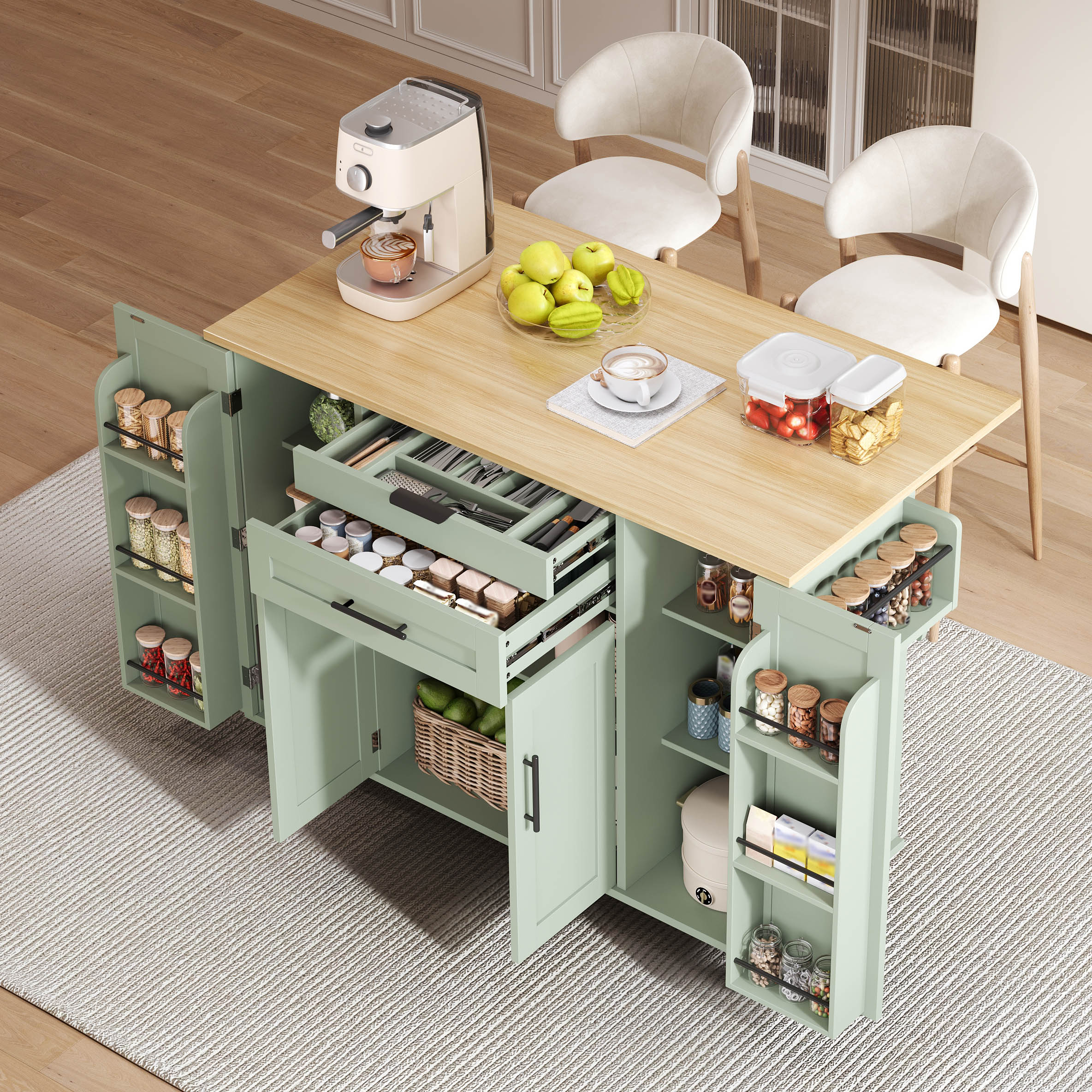 Îlot de cuisine en Panneau composite de fibres de bois à densité vert antique avec étagères réglables, porte-serviettes, porte-épices et 5 roulettes dont 2 freinables