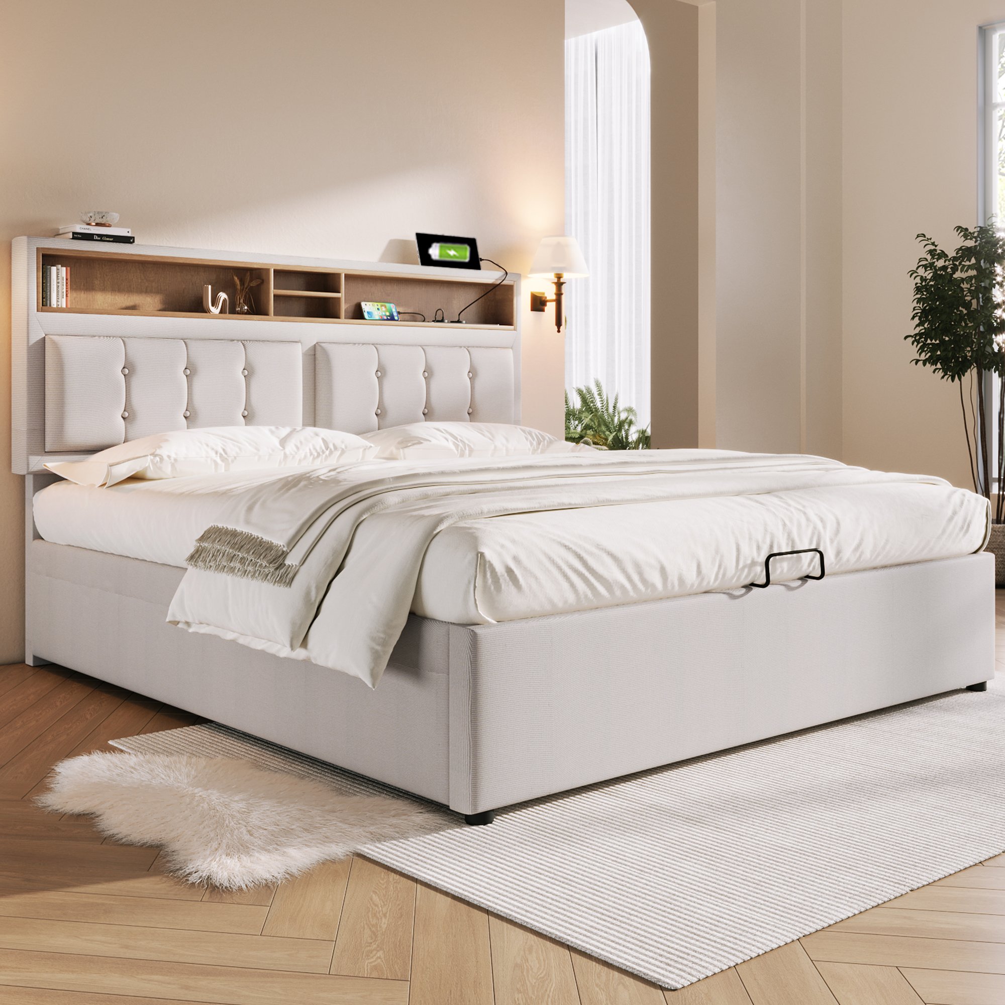 Lit double rembourré 140x200 avec rangement sous le couchage, ports USB et prises électriques intégrés