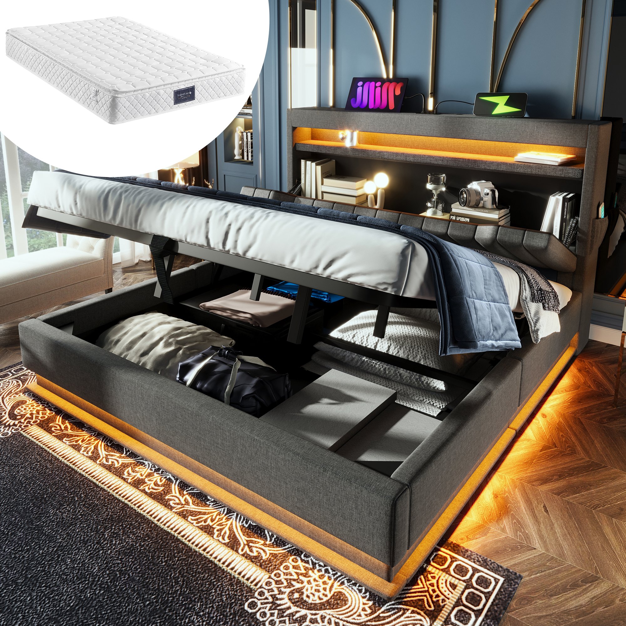 Lit coffre 140x200 gris clair avec matelas ressorts, LED RGB contrôlée et stockage hydraulique
