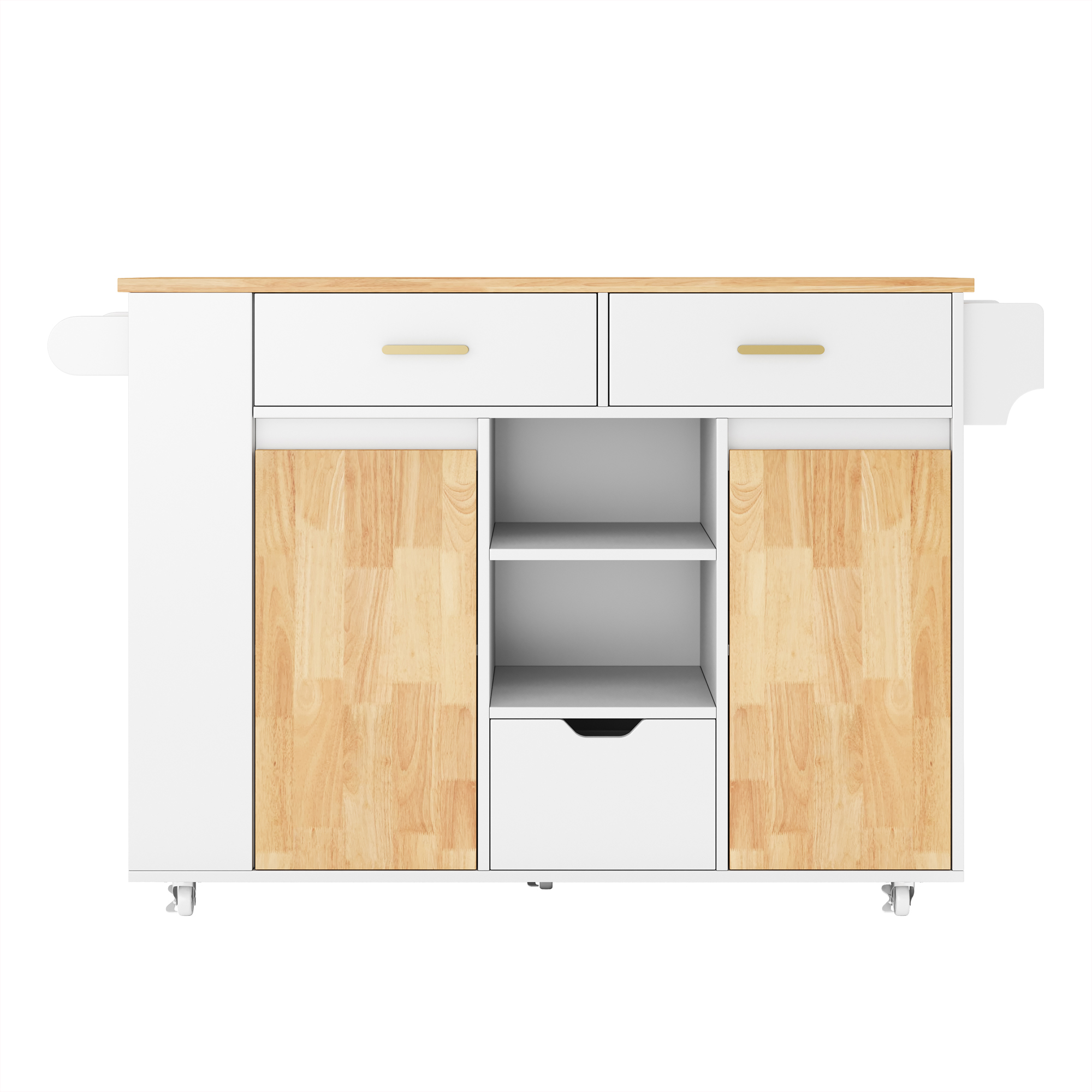 Îlot de cuisine avec plan de travail rabattable et rangement spacieux, 3 tiroirs, étagères à épices, roulettes, 120x45(71)x90 cm