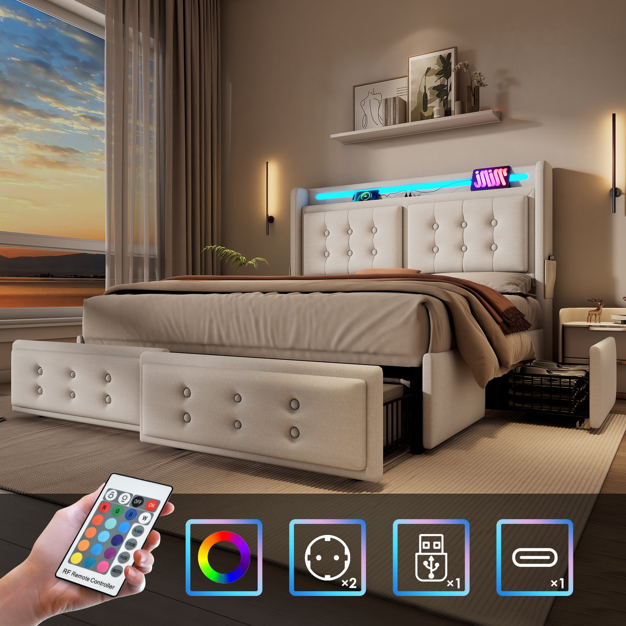 lit coffre 160x200 beige en tissu coton avec 4 tiroirs, LED, ports USB Type-C et sommier à lattes, charge 300 kg