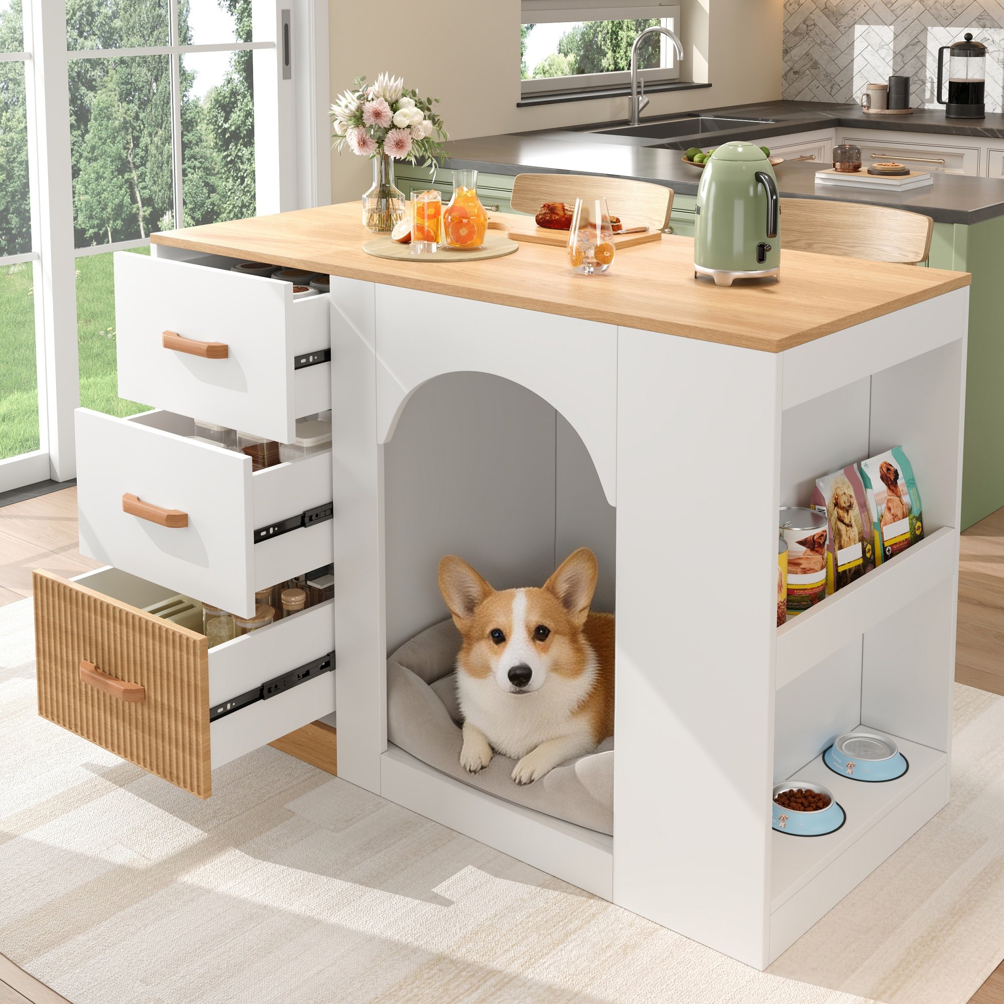 Îlot de cuisine avec rangement, 3 tiroirs, étagères latérales, espace, blanc et bois, 120x60x90 cm
