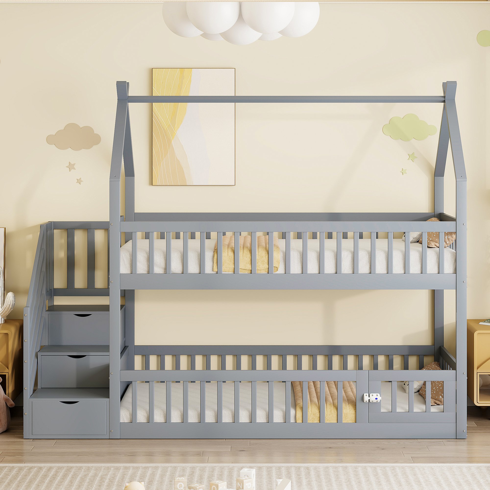 Lit superposé 90x200 cm en bois massif, 2 couchages, avec rangements et échelle