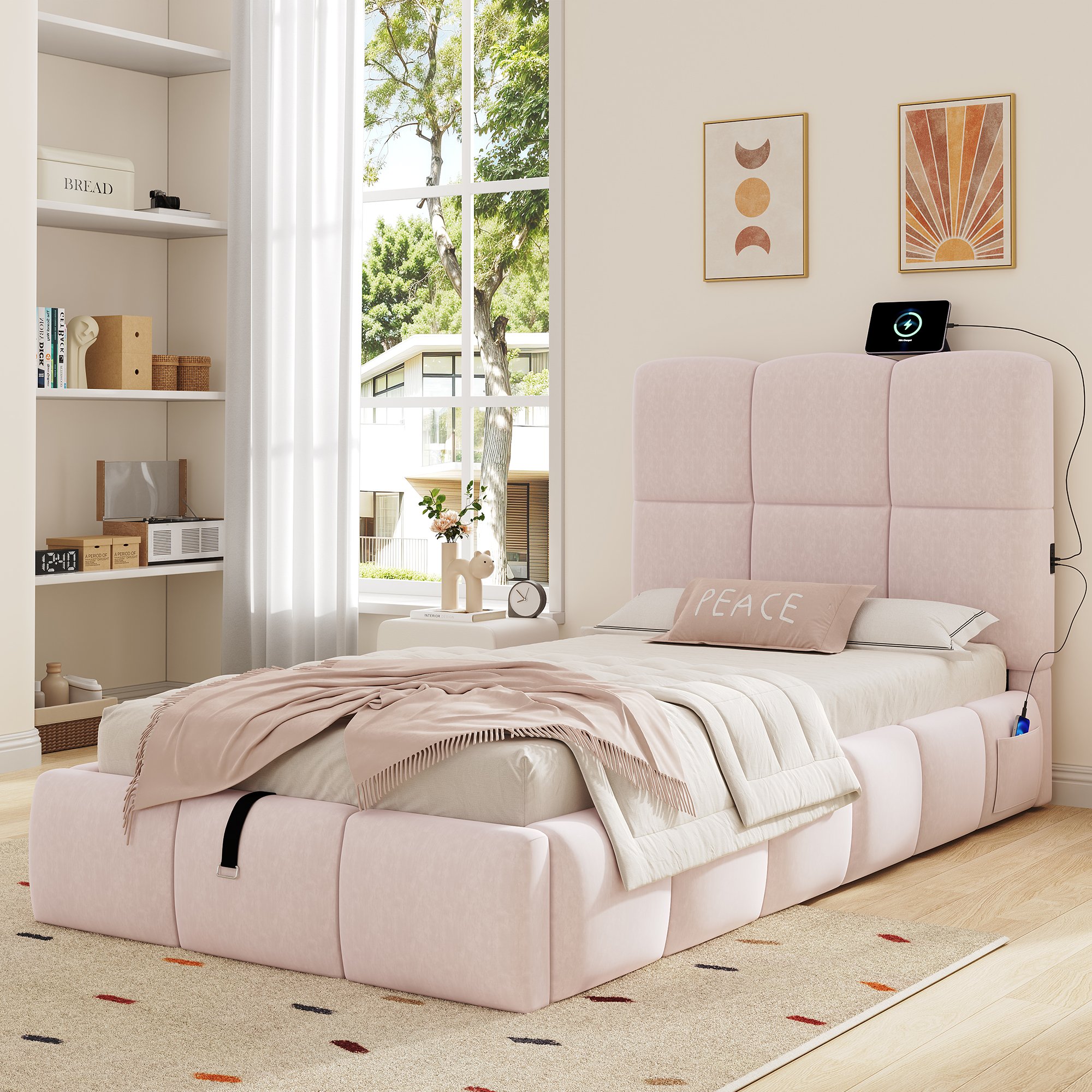 Lit coffre simple 90x200 velours rose avec port USB Type-C, idéal chambre d'enfant fille, rangement caché hydraulique