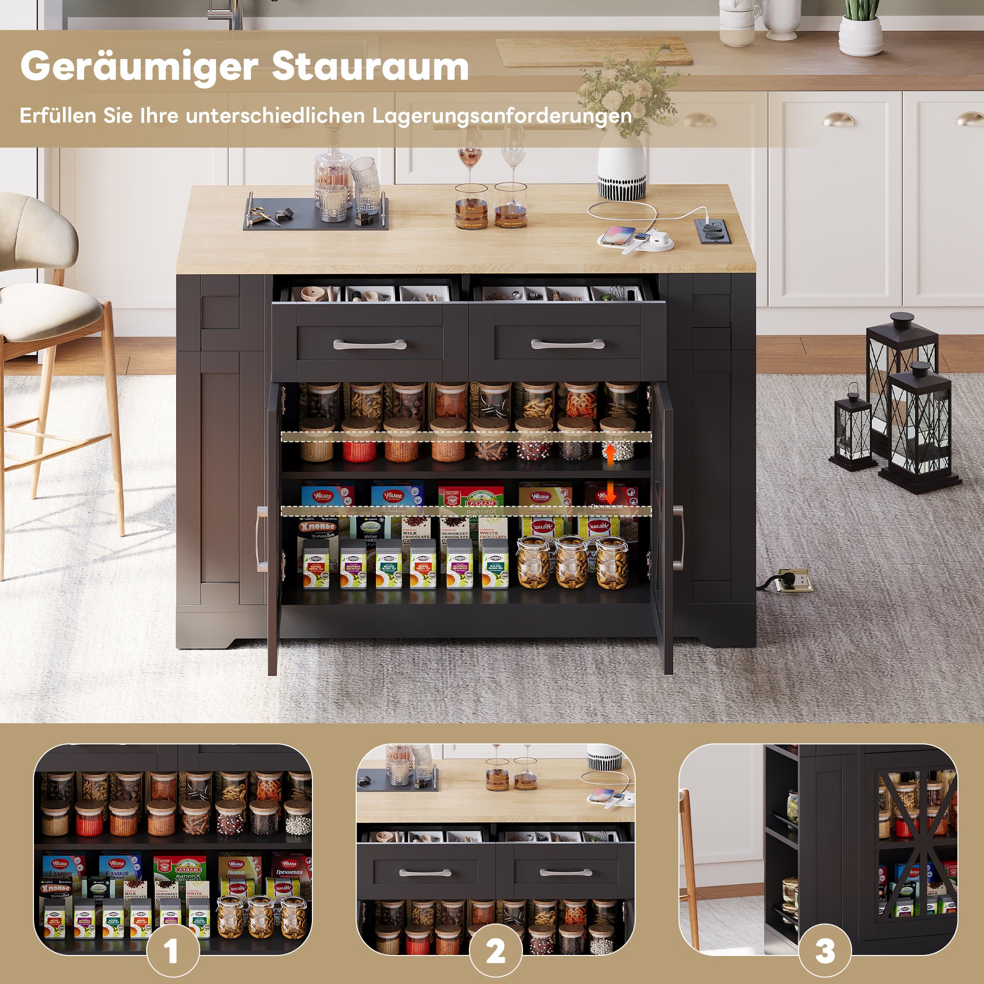 Îlot de cuisine avec table rabattable, 2 prises et 2 USB, rangement spacieux et 6 étagères, 120x65 cm