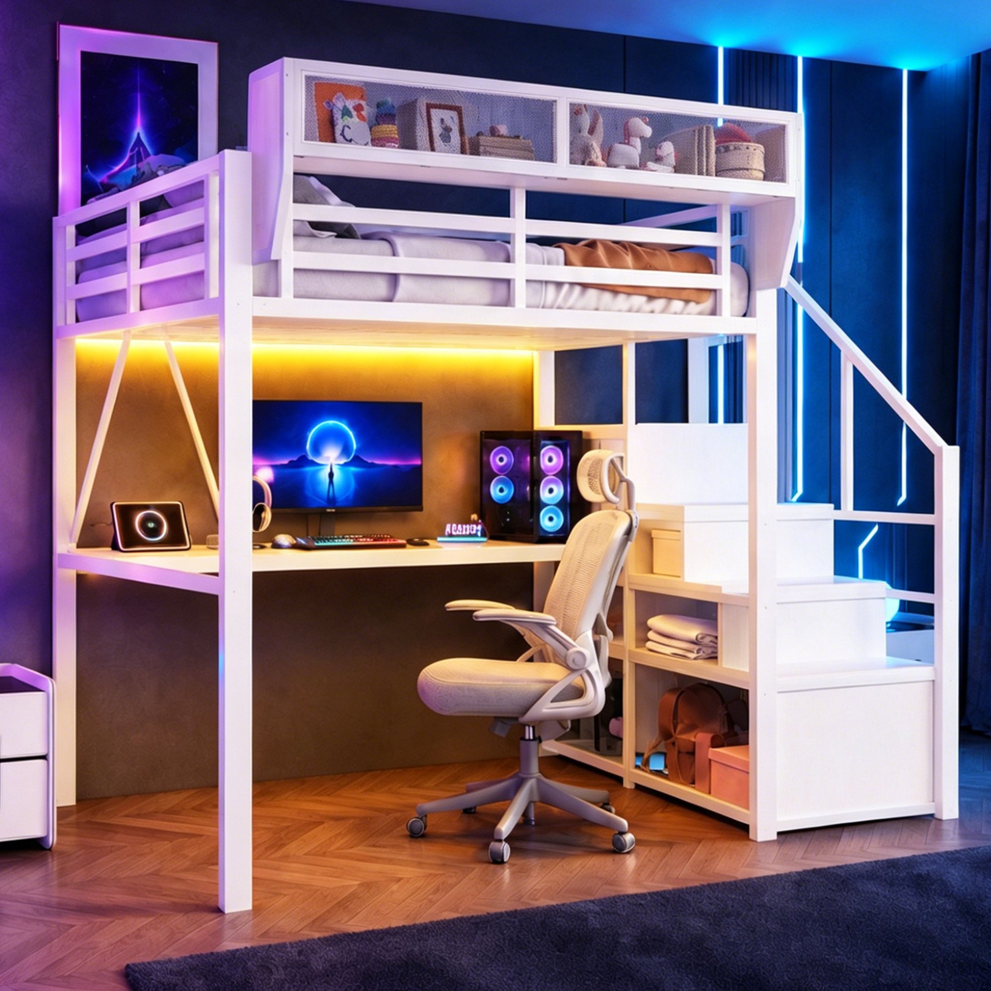 Lit mezzanine 140x200 cm pour adulte et enfant, avec bureau et rangements intégrés
