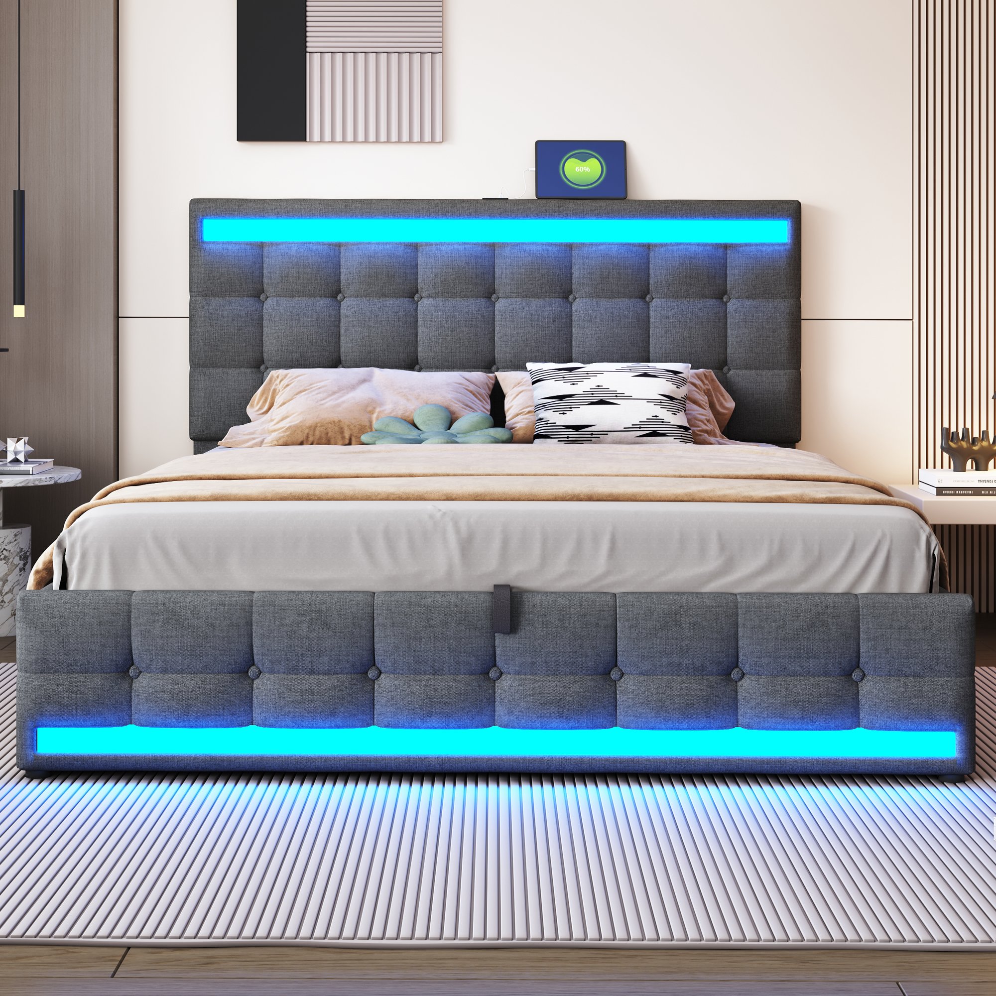 Lit coffre 180x200 en tissu lin gris, structure en bois et Panneau composite de fibres de bois à densité, avec LED et rangement