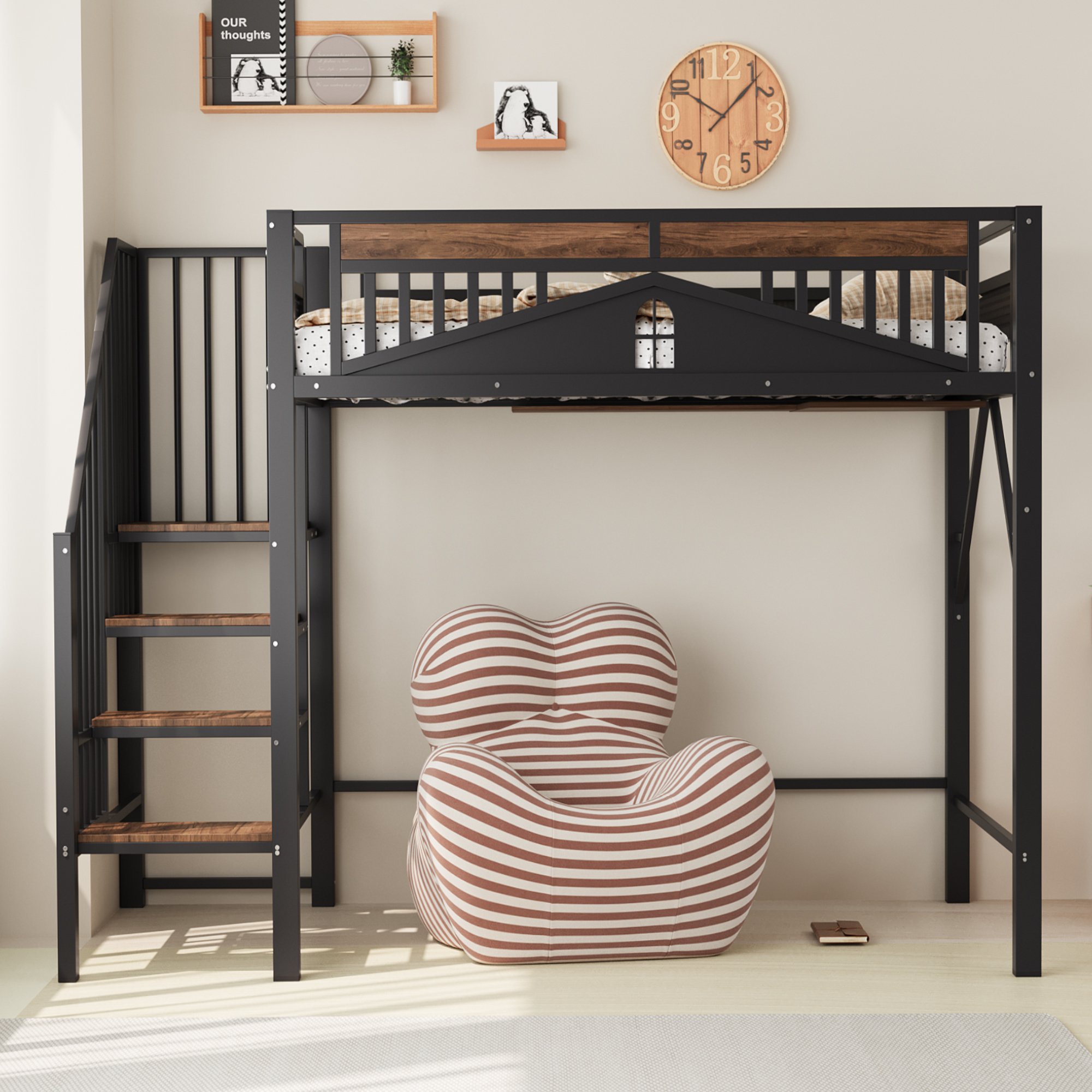 Lit mezzanine 90x200 cm en métal noir avec échelle de sécurité et rangement