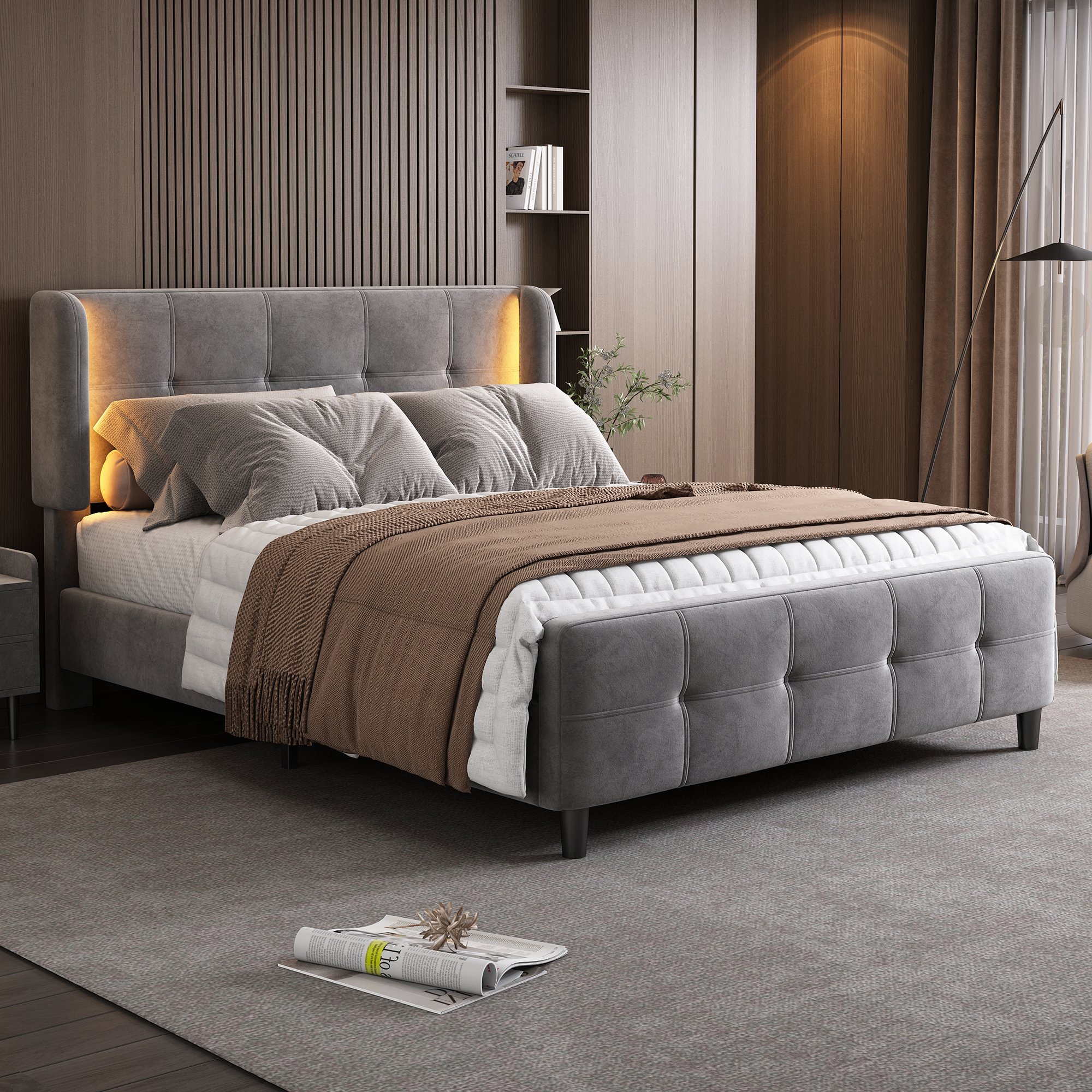 Lit capitonné 140x200 en velours gris avec tête réglable et LED intégrées