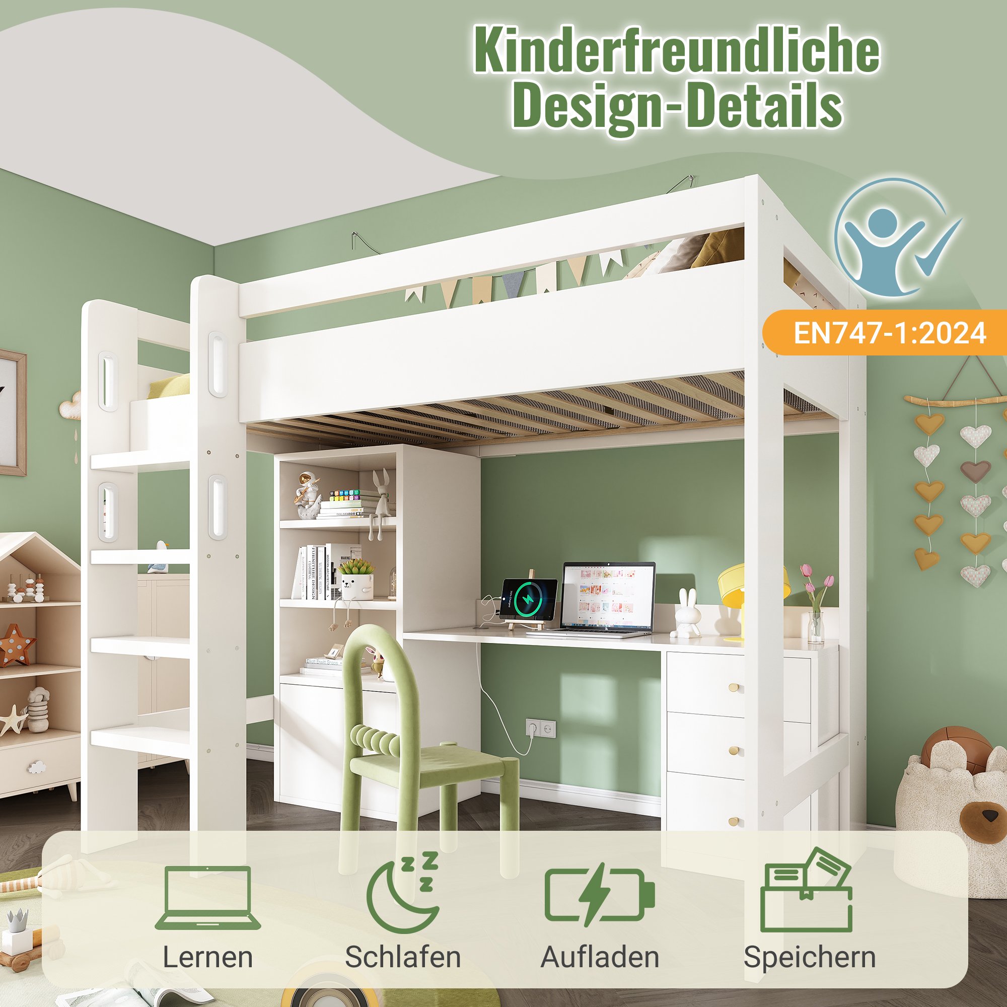 Lit mezzanine enfant avec bureau ergonomique USB Type-C, rangement complet armoire et tiroirs, structure stable 1 place