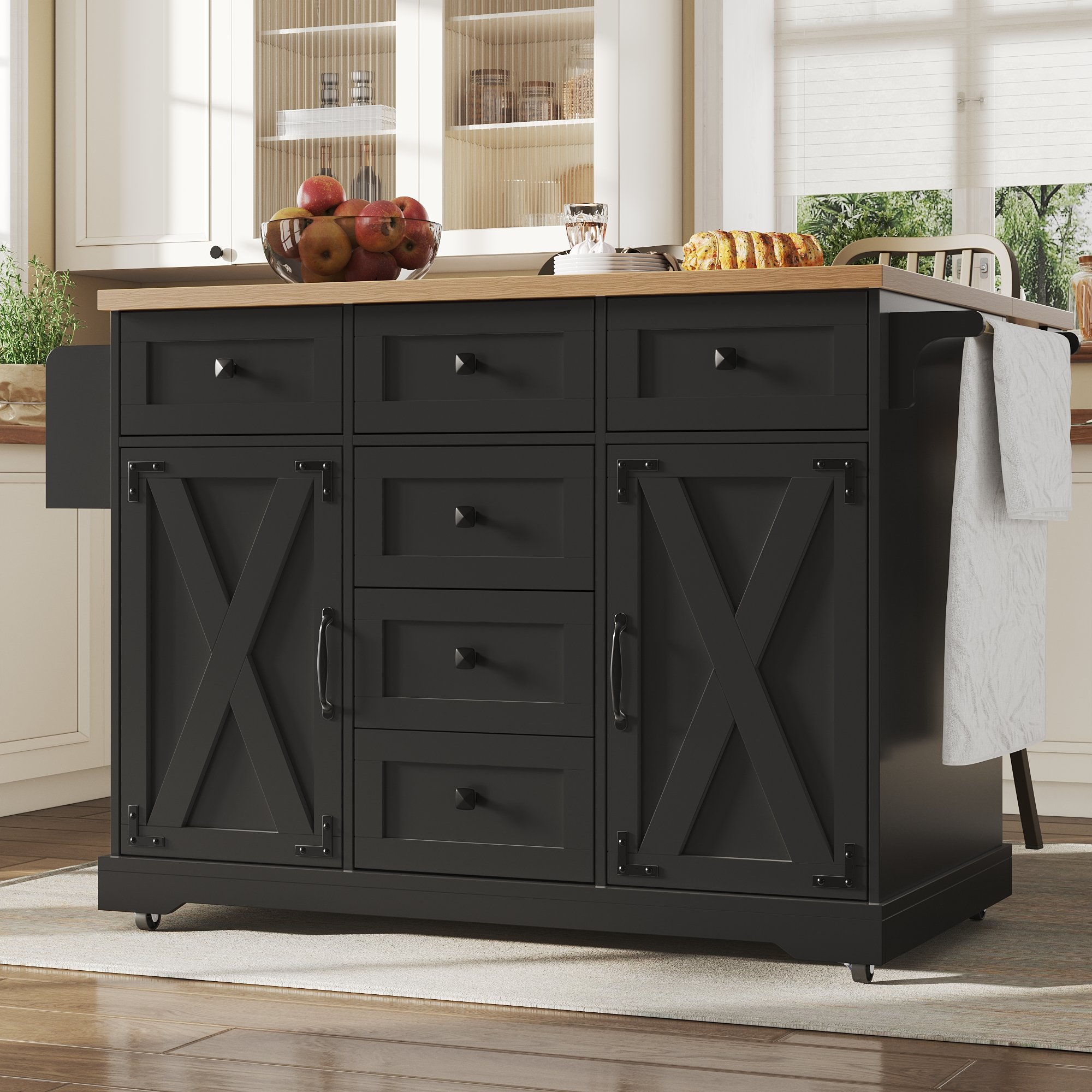 Îlot de cuisine en Panneau composite de fibres de bois à densité et métal, noir, pliable, avec rangement, dimensions 147x44x93 cm, pour cuisine et salon