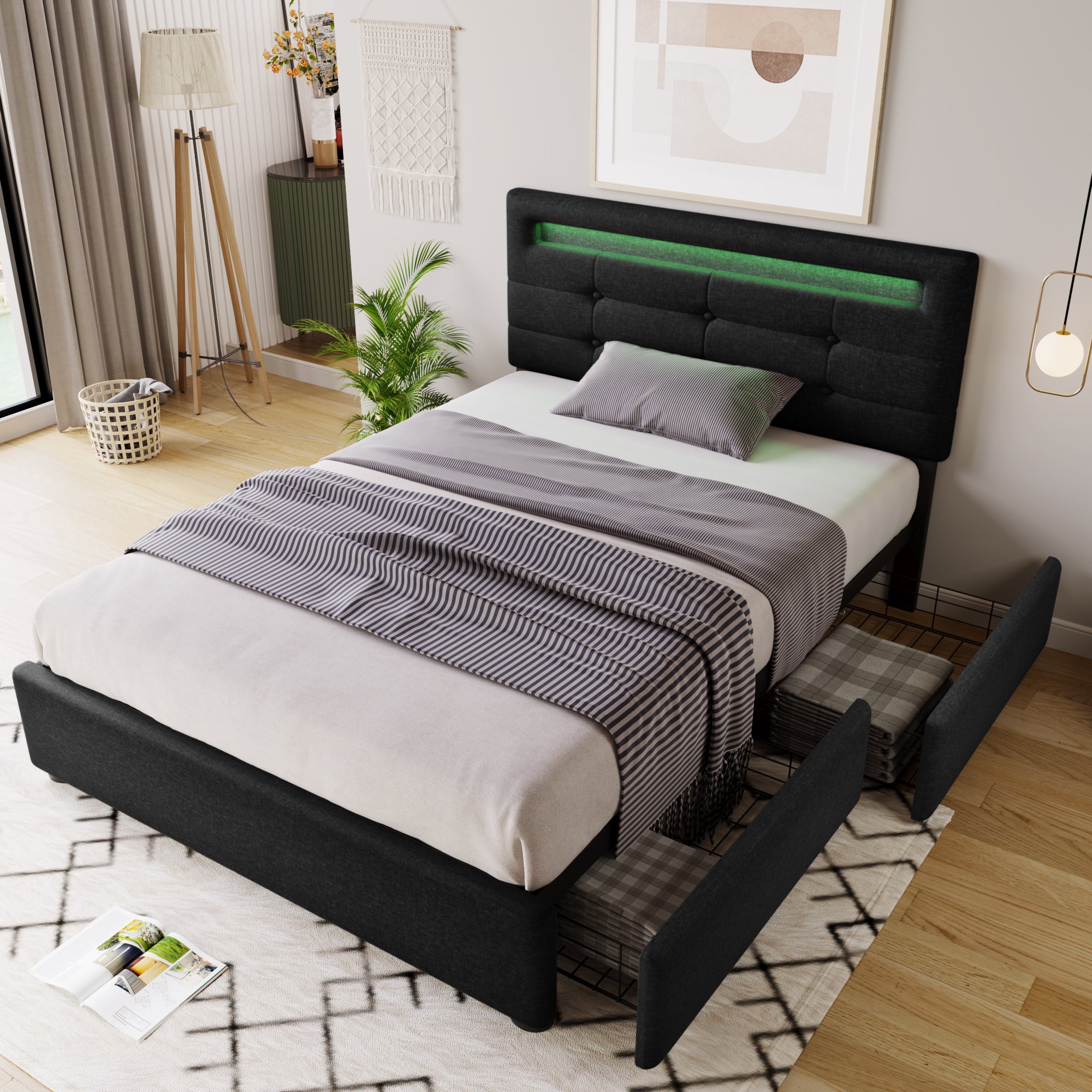 lit coffre 90x200 revêtement lin noir avec structure renforcée, matelas ressorts et lattes bois