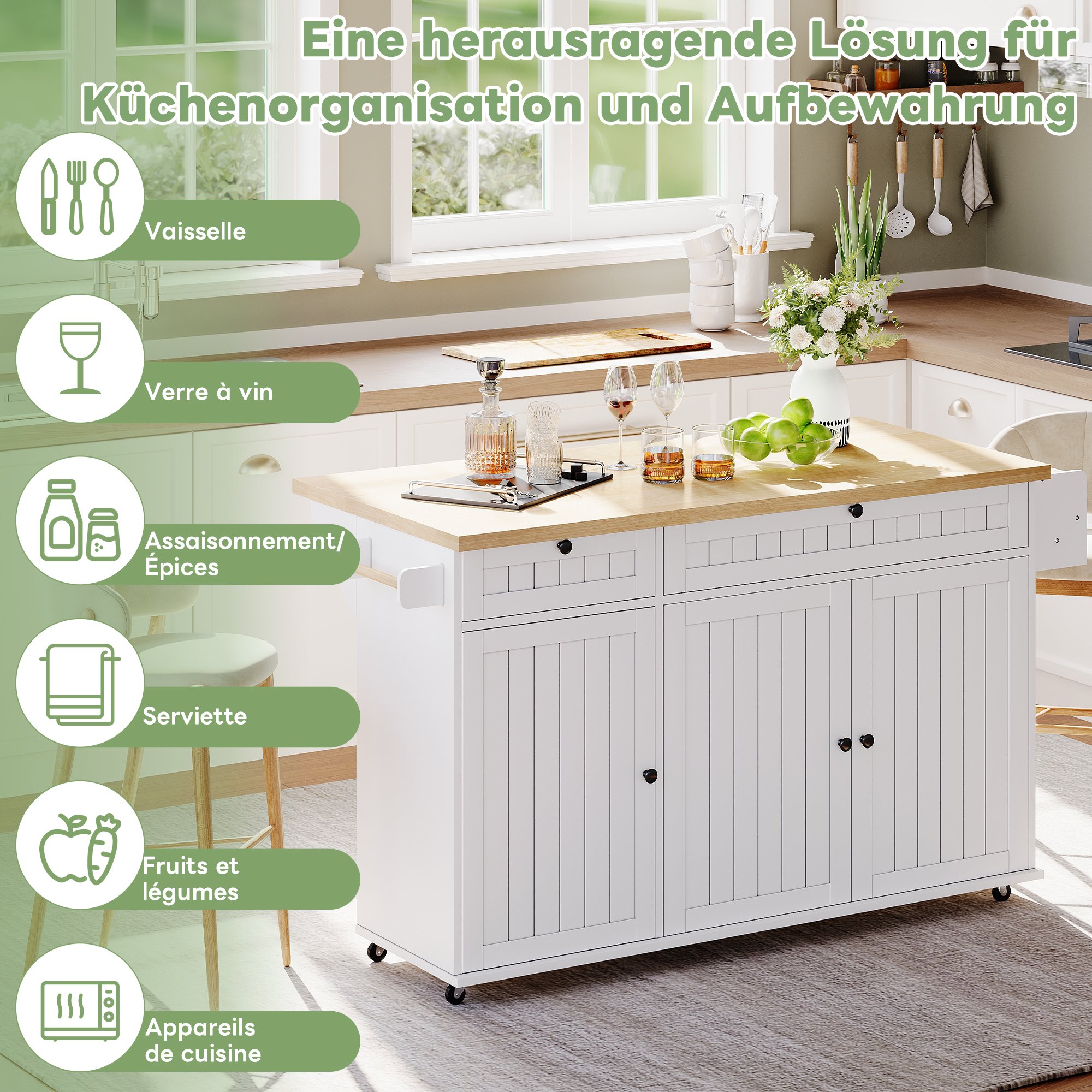 Îlot de cuisine avec plan de travail extensible, rangement intégré, 6 roulettes freinables, 2 tiroirs et armoire, blanc, 137 cm
