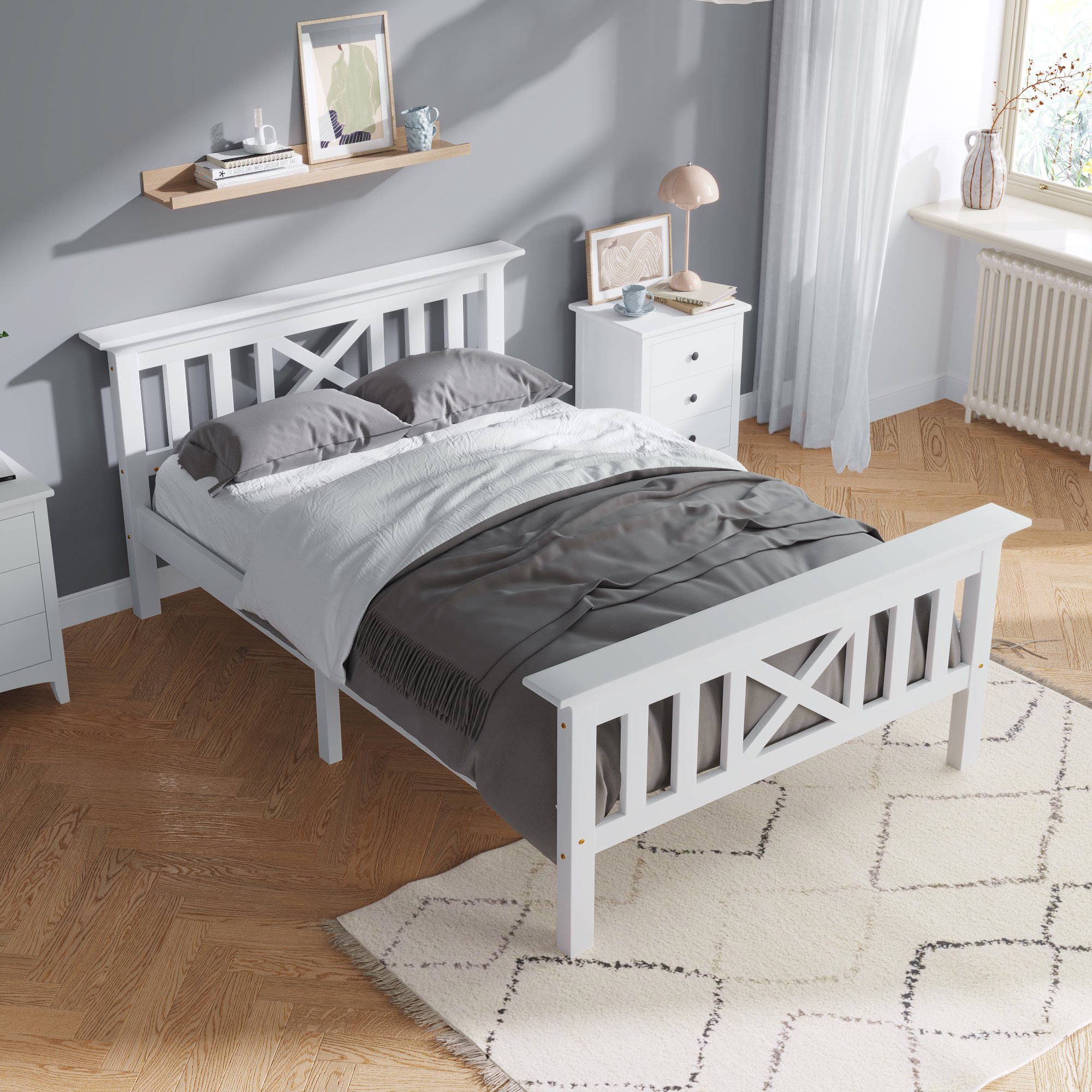 Lit enfant 90x200 blanc en pin massif avec sommier à lattes et tête de lit design en X, cadre robuste pour adolescent