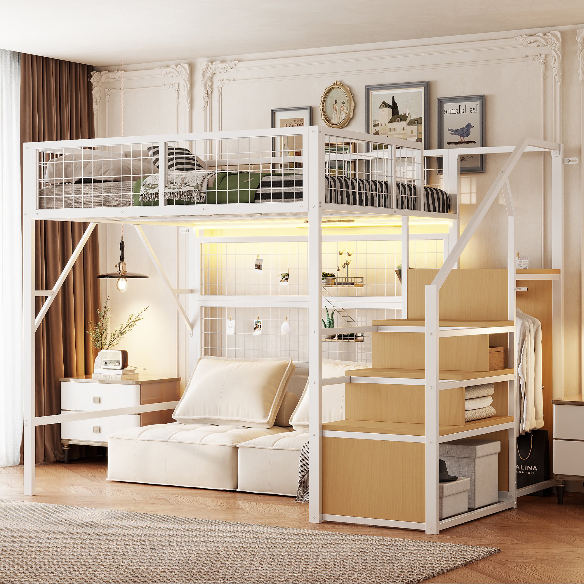Lit superposé 140x200 avec escalier et rangement pour enfant, métal blanc avec LED et placard