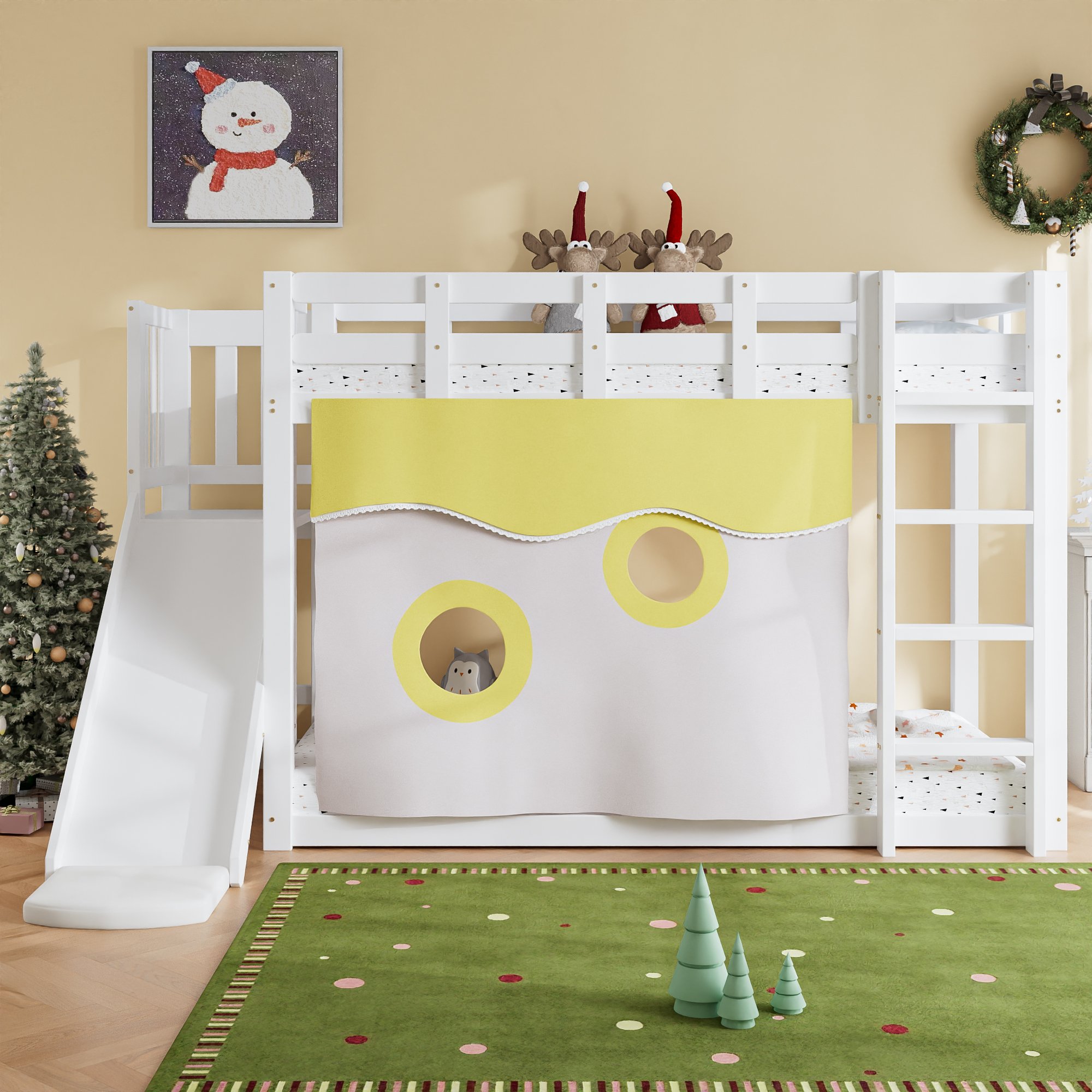 Lit superposé 90x200 pour enfant avec toboggan, rideau et rangement, 2 places