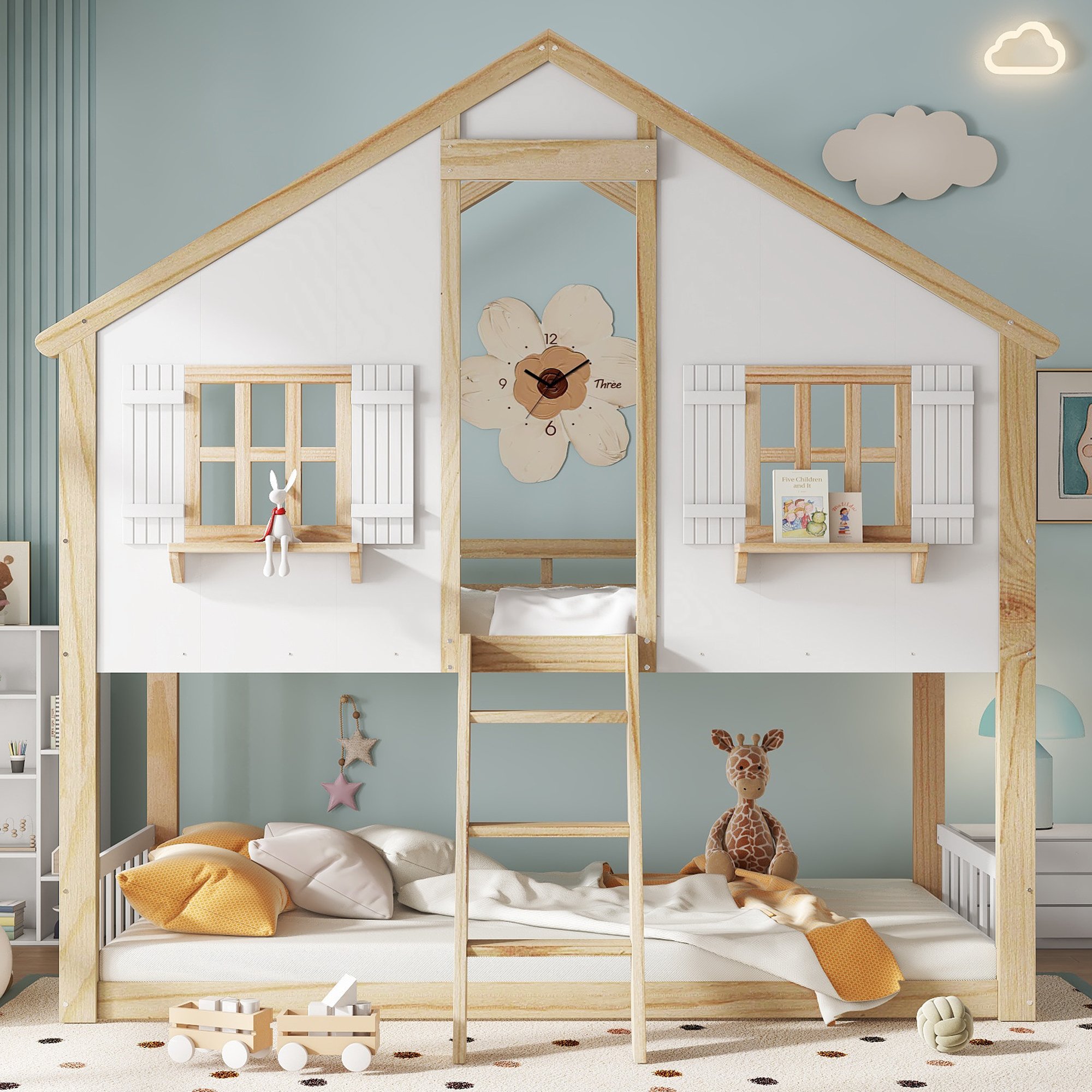 Lit superposé enfant 90x200 avec échelle inclinée, fenêtres et toit, en pin et Panneau composite de fibres de bois à densité blanc naturel