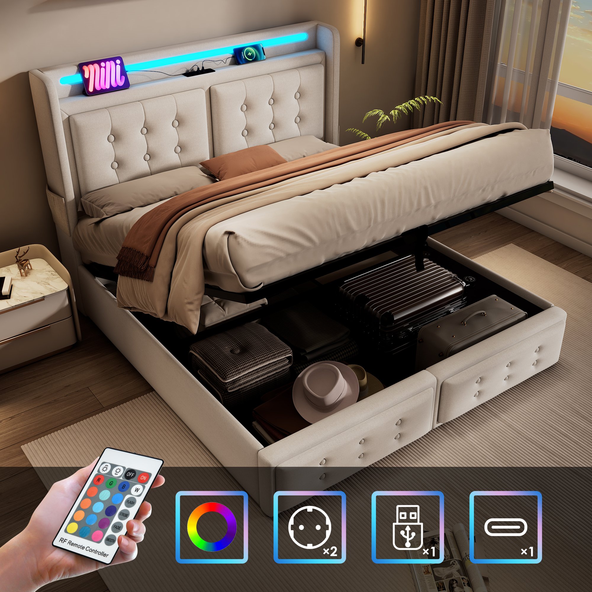 lit coffre 140x200 beige avec LED et USB, rangement spacieux sous cadre métallique, tête de lit fonctionnelle moderne