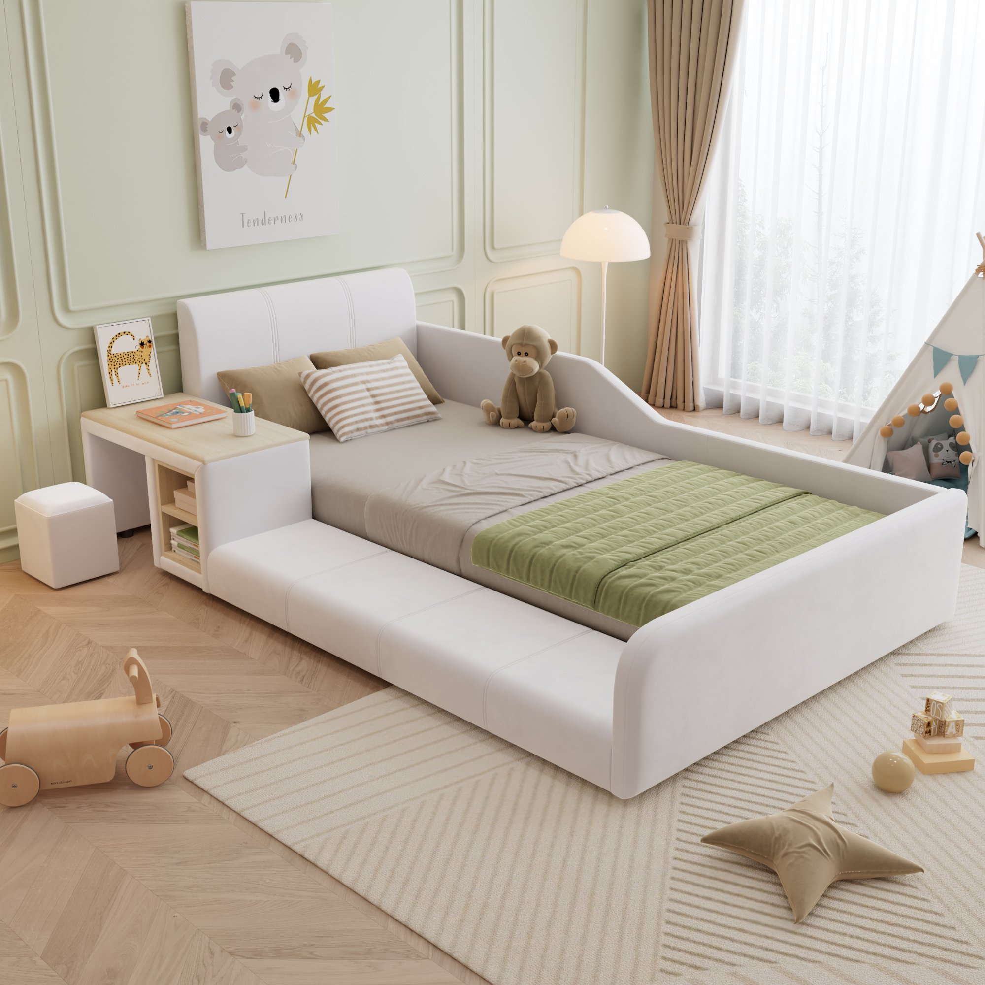 Lit enfant avec bureau intégré et rangement, 90x200, velours blanc