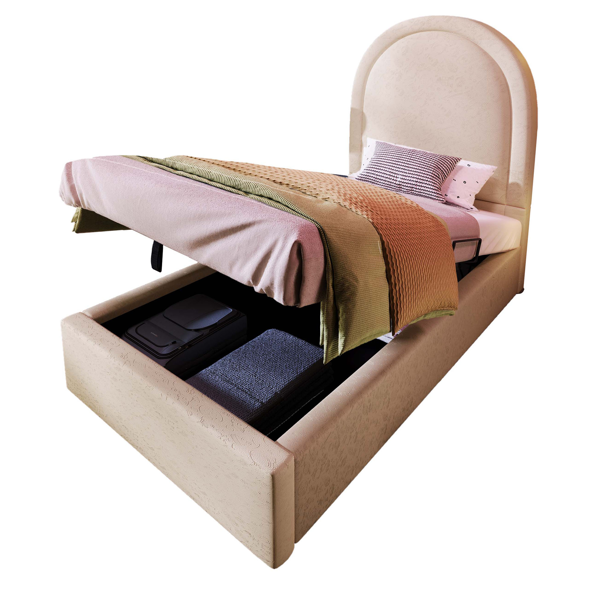 Lit coffre 90x200 beige avec matelas et sommier, rangement hydraulique sous le lit pour enfant garçon fille