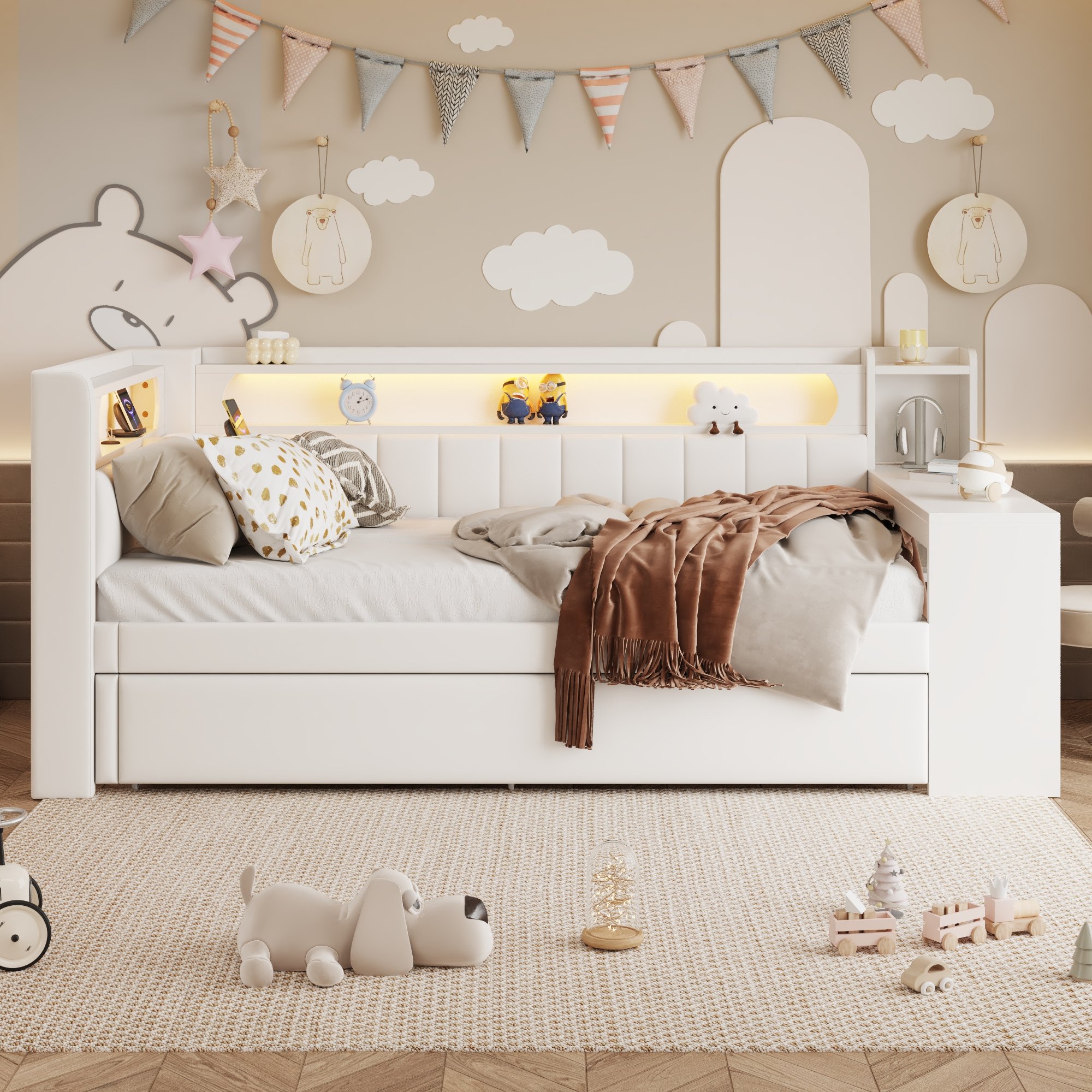 Lit gigogne 90x200 blanc avec LED, USB, bureau et rangement, rembourré en lin