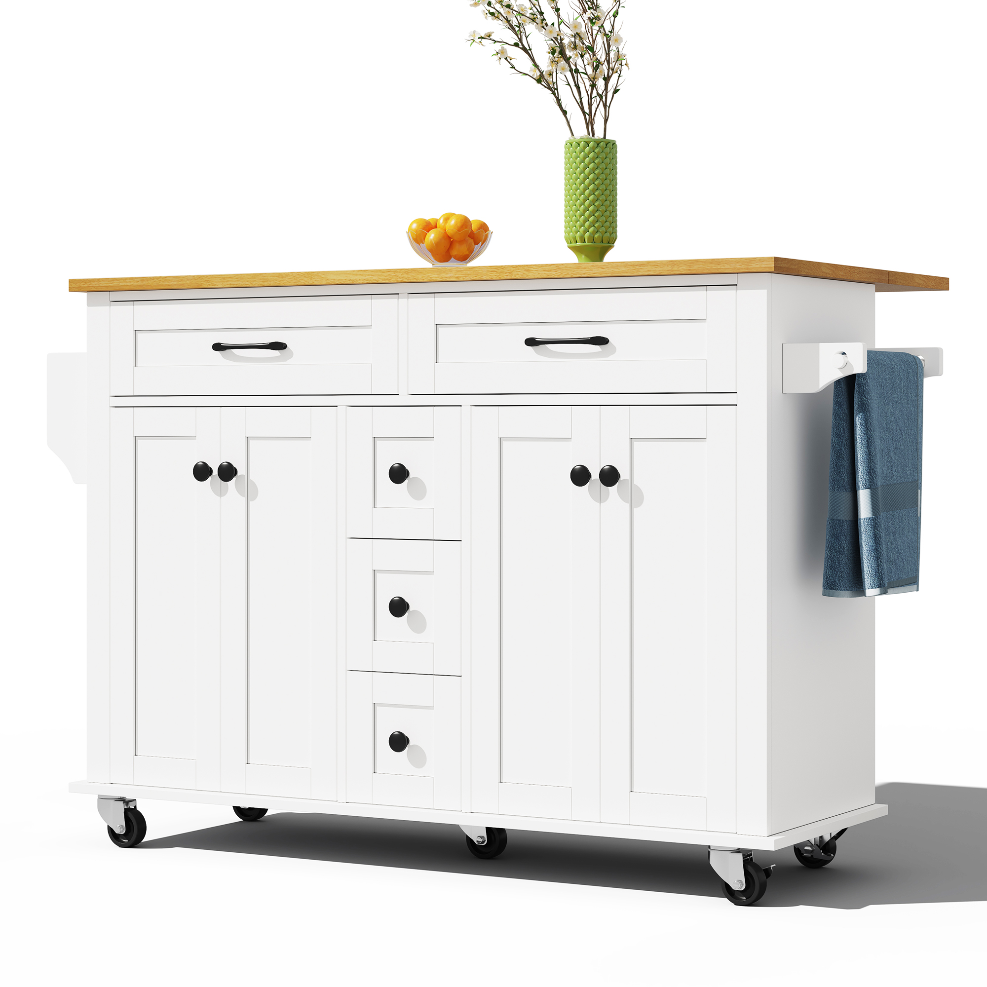 Îlot de cuisine blanc et bois avec plan de travail extensible 120x65 cm, 5 tiroirs, placards, porte-épices et porte-serviettes, sur roulettes