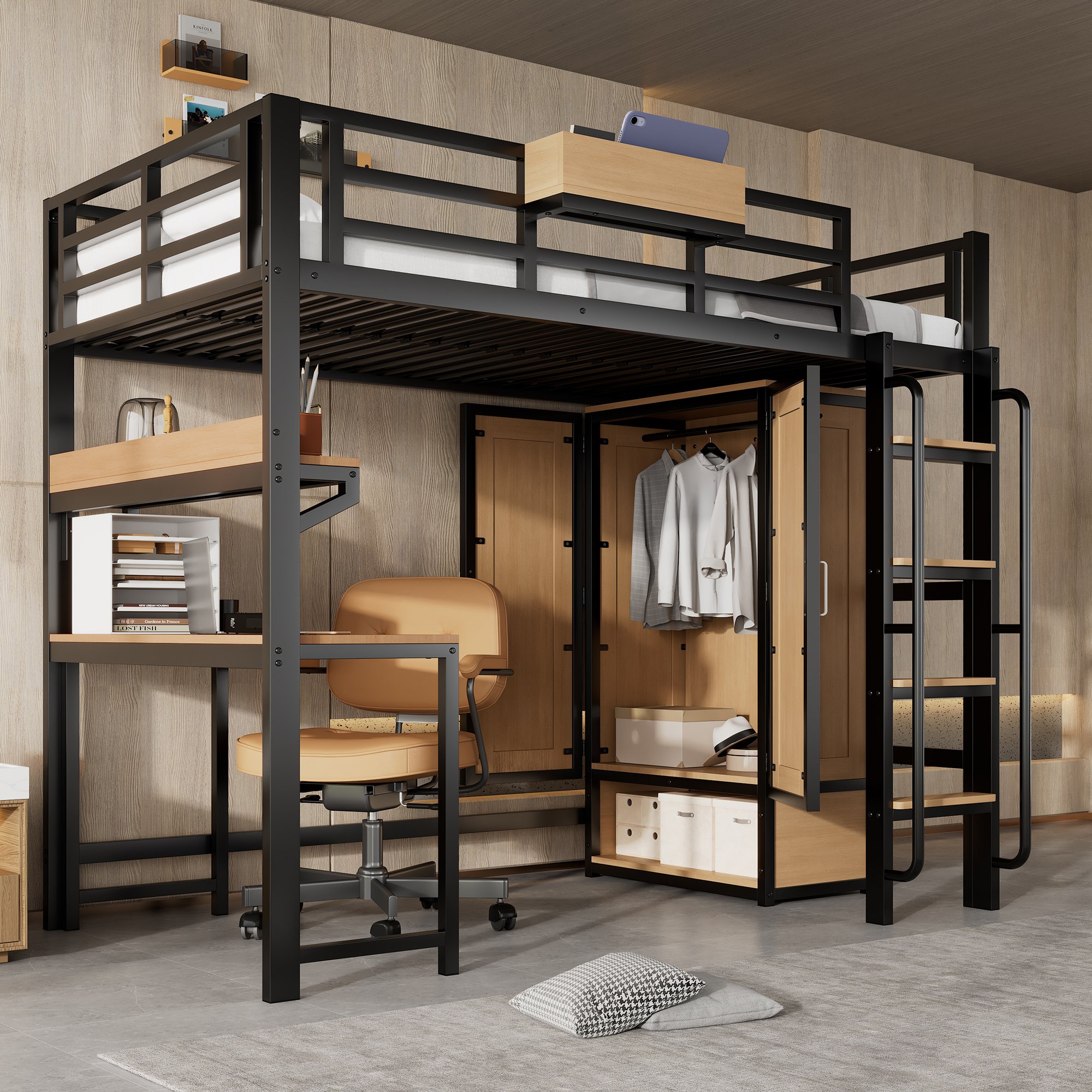 Lit mezzanine 90x200 en fer noir et bois avec placard, bureau et rangements