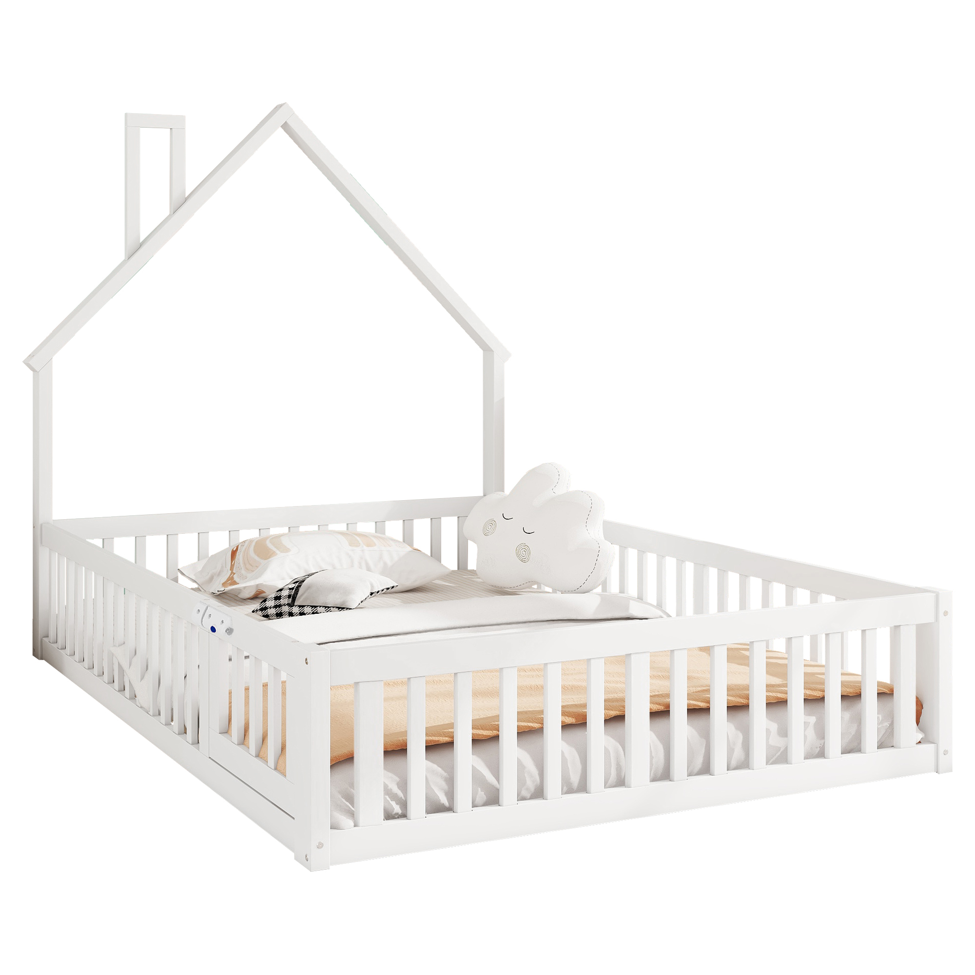 Lit enfant 140x190 en pin blanc avec barrière de sécurité et sommier à lattes