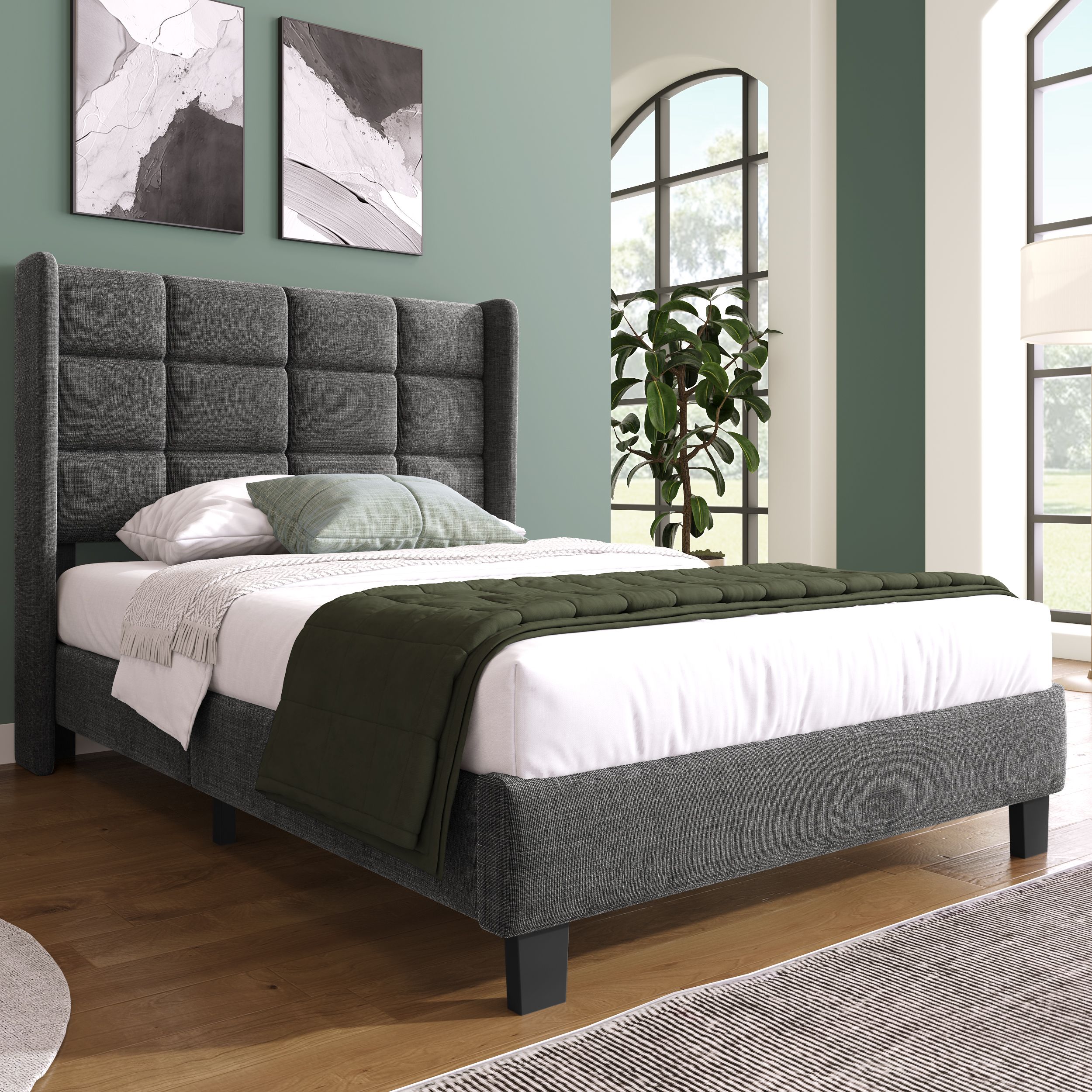 Lit simple rembourré 90x200 tissu lin gris avec structure acier renforcée et pieds noirs design