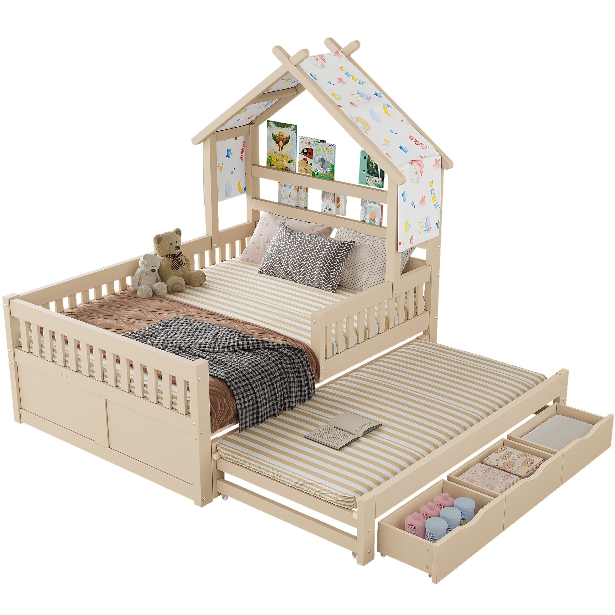 Lit gigogne 140x200 en bois avec rangement, tiroirs et barrières de sécurité, crème