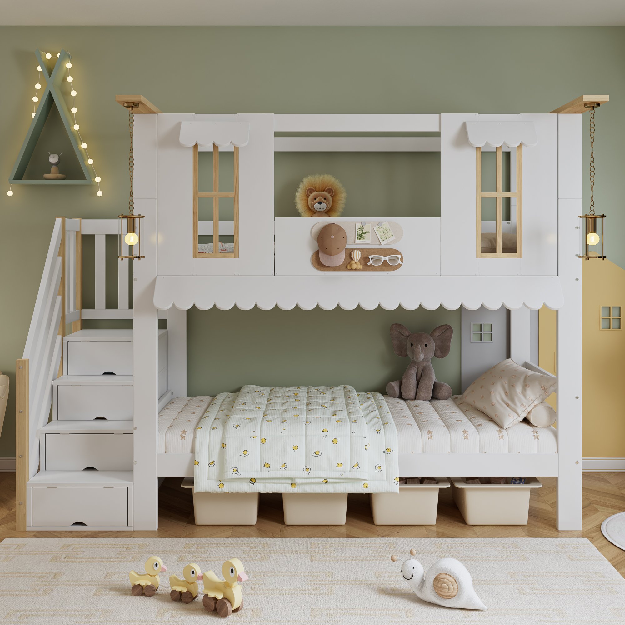Lit superposé enfant 90x200 pin et Panneau composite de fibres de bois à densité blanc naturel avec rangements et fenêtres décoratives