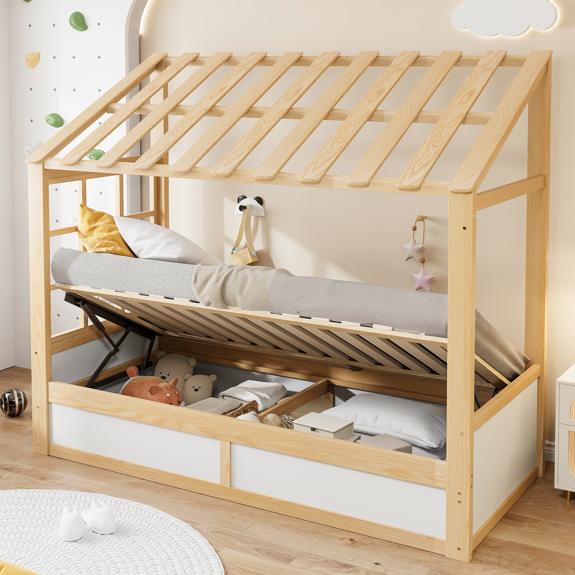 Lit mezzanine 90x200 pour enfant, avec rangements latéraux et hydrauliques, bois et blanc