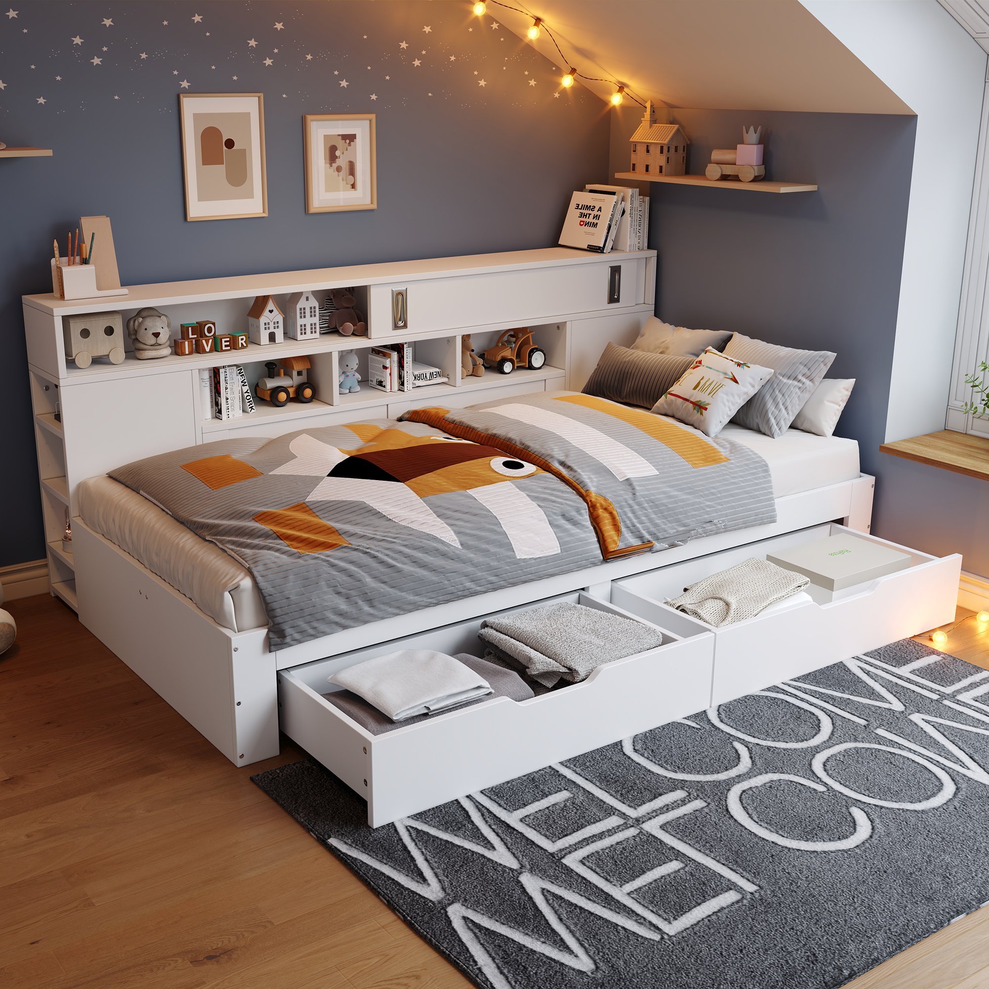 Lit coffre double 140x200 cm blanc, capacité de charge 200 kg, incluant sommier à lattes et espaces de stockage multiples