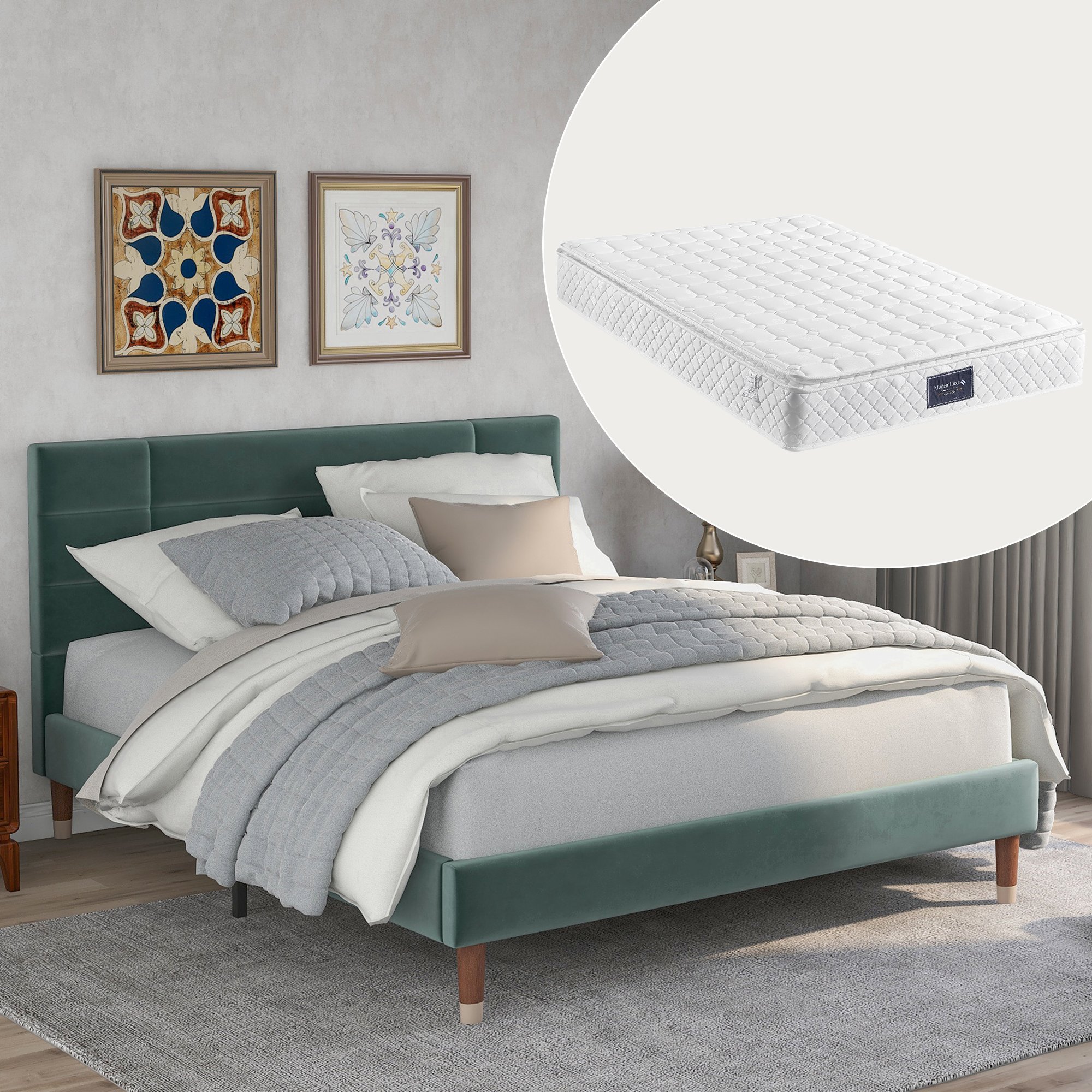 lit double avec sommier et matelas 140x200 en velours vert foncé avec tête de lit rembourrée et sommier à lattes