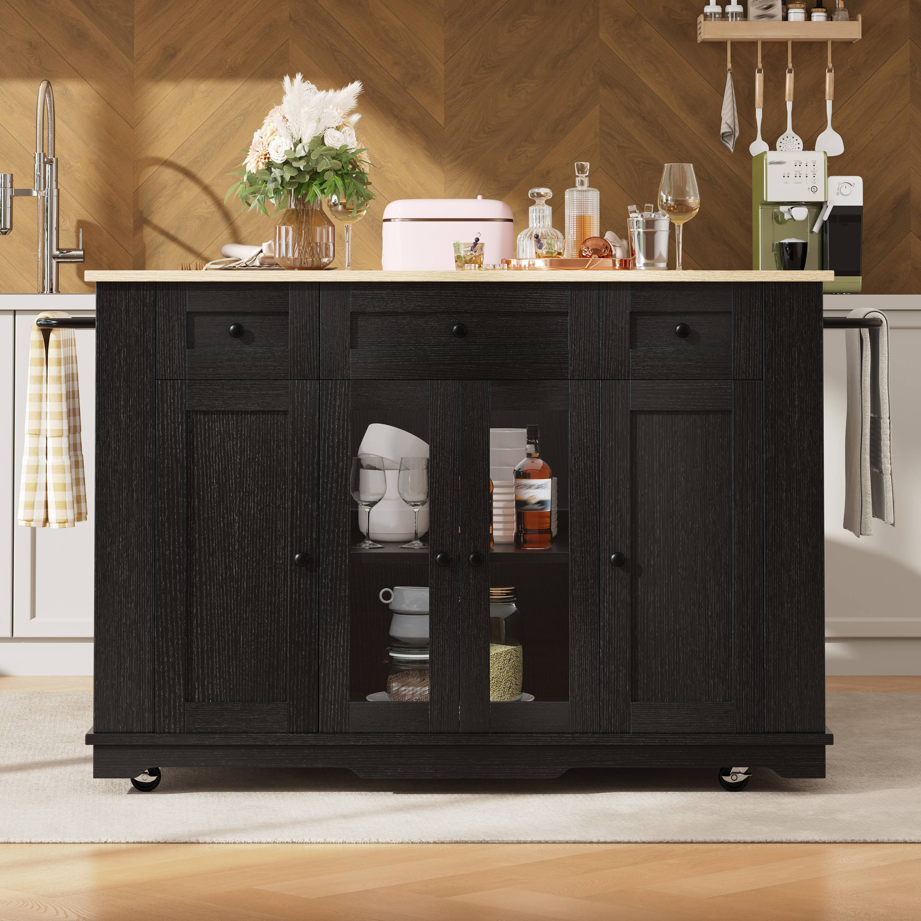 Îlot de cuisine 151,5 cm avec rangements, cloisons réglables, table pliante, noir et bois, pour cuisine et salle à manger