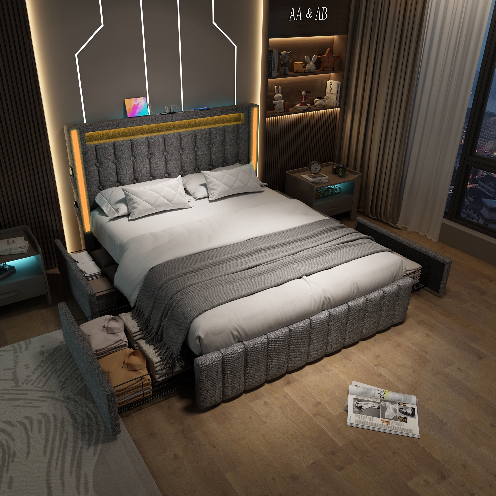 Lit coffre 140x200 gris avec sommier à lattes, LED et USB, 4 tiroirs de rangement pour chambre adulte
