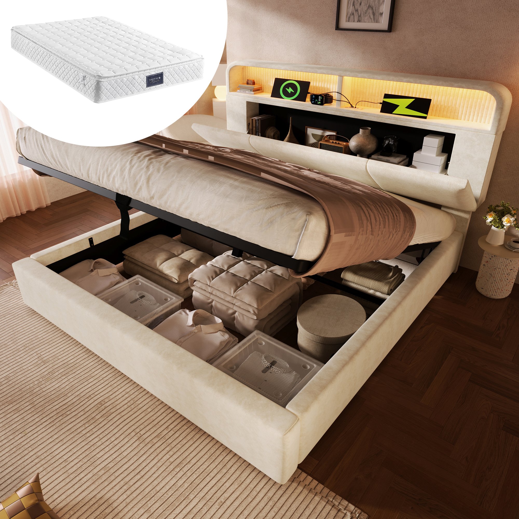 lit coffre 140x200 cm supporte 300 kg, matelas 7 zones H3 et livraison roulée pour usage quotidien