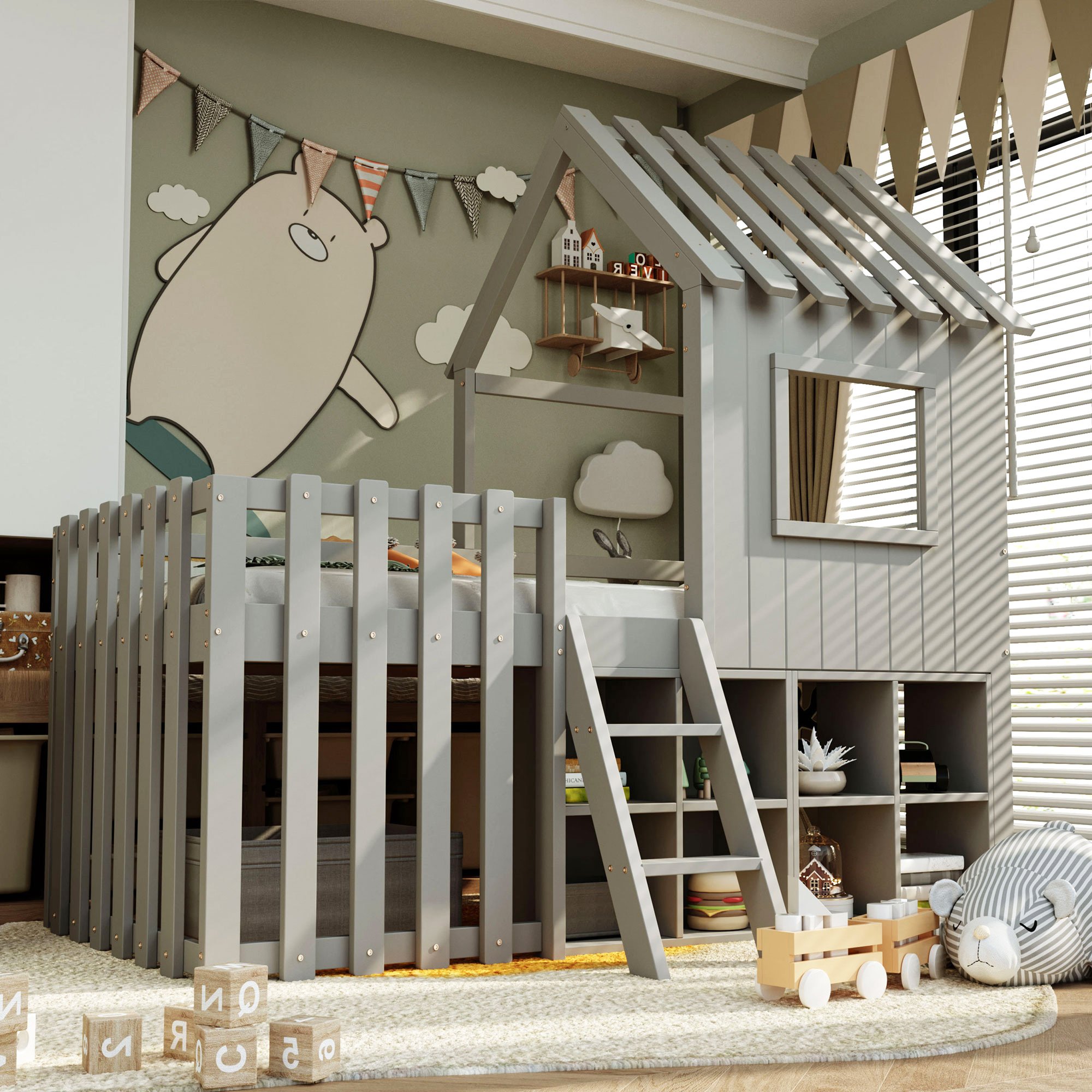 Lit cabane enfant en bois massif avec rangement et échelle, 90x200, gris