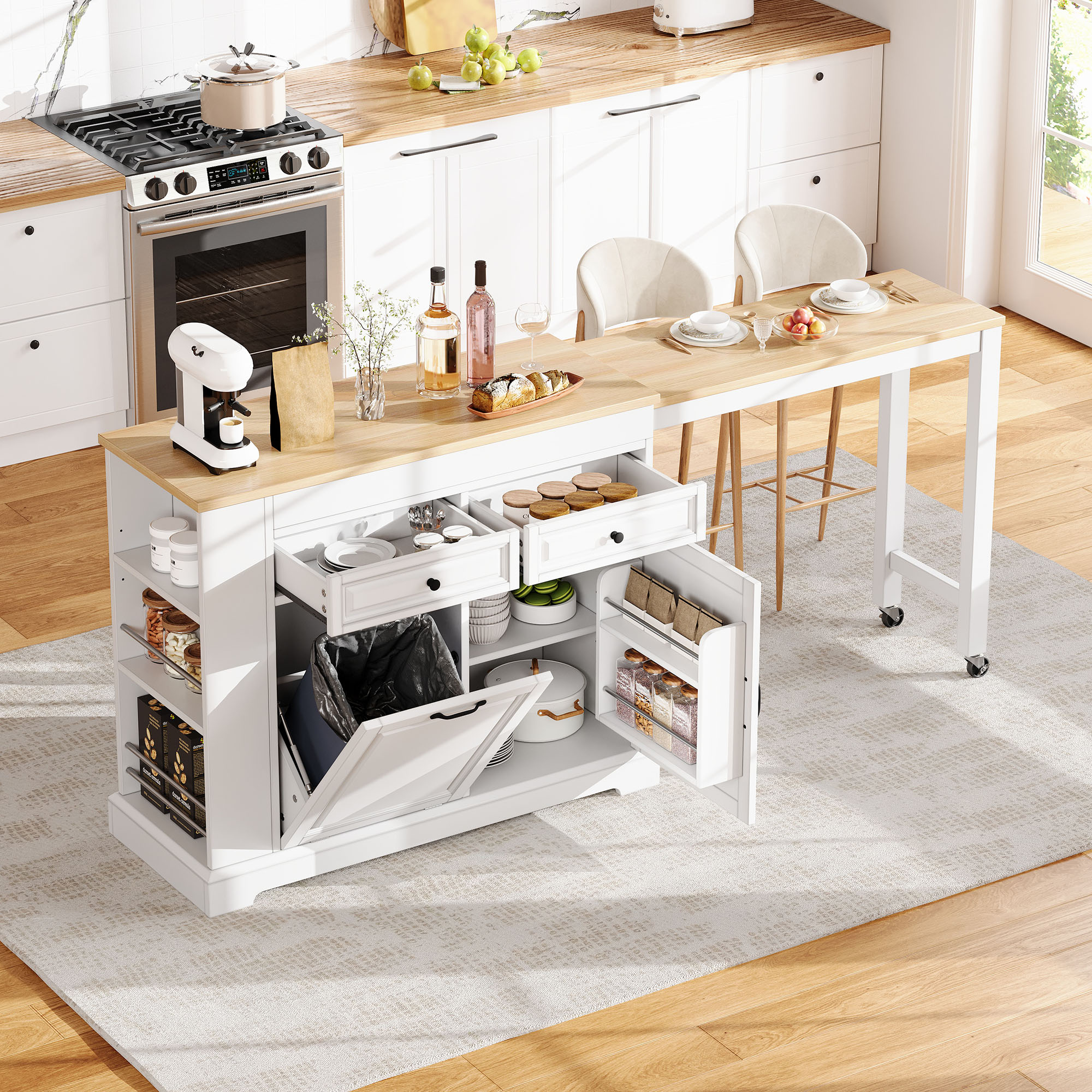 Îlot de cuisine en Panneau composite de fibres de bois à densité blanc et bois naturel, structure robuste avec étagères, tiroirs et placard, plan extensible, 112-180 cm