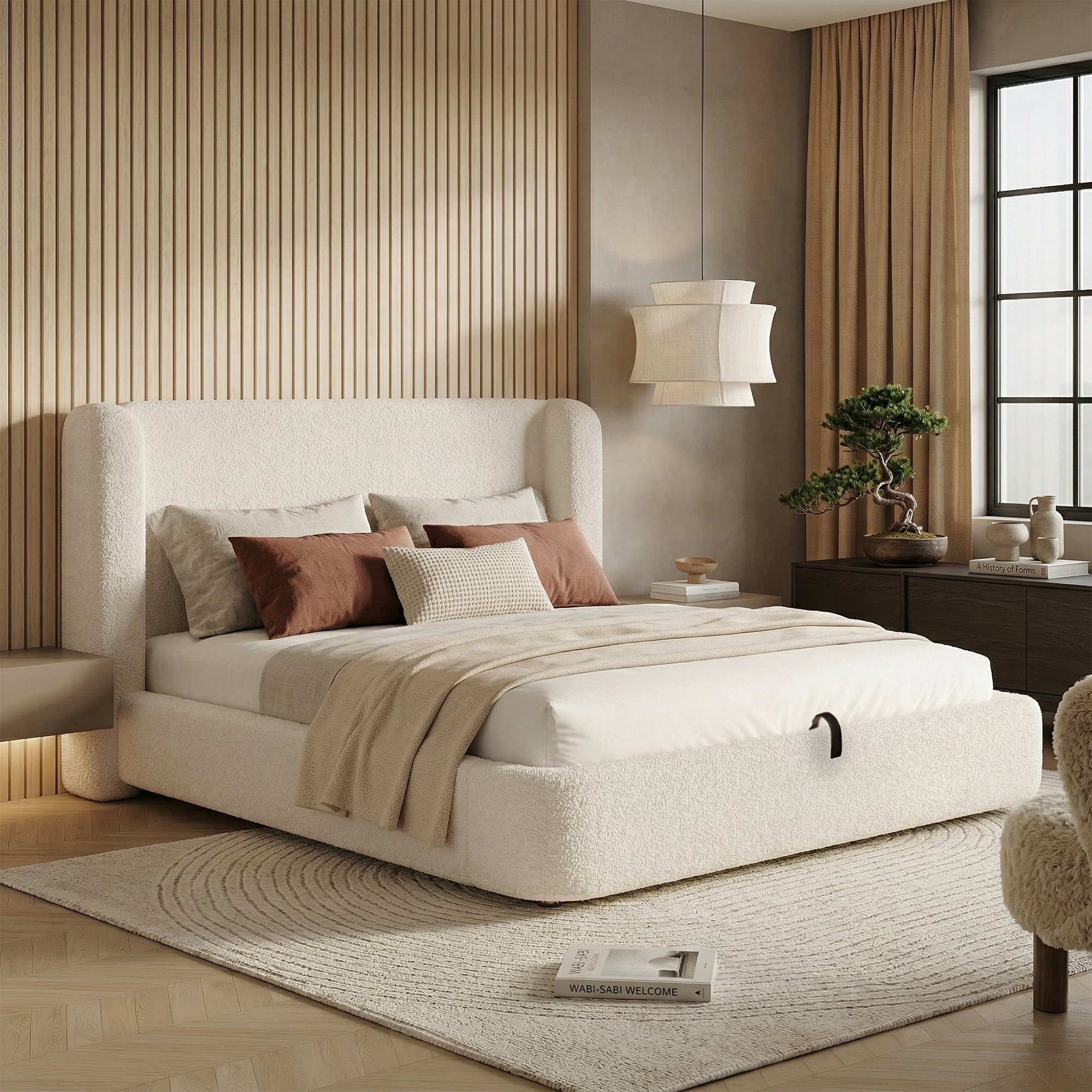 Lit coffre 180x200 cm en tissu bouclé beige pour chambre adulte avec tête de lit rembourrée et ouverture hydraulique