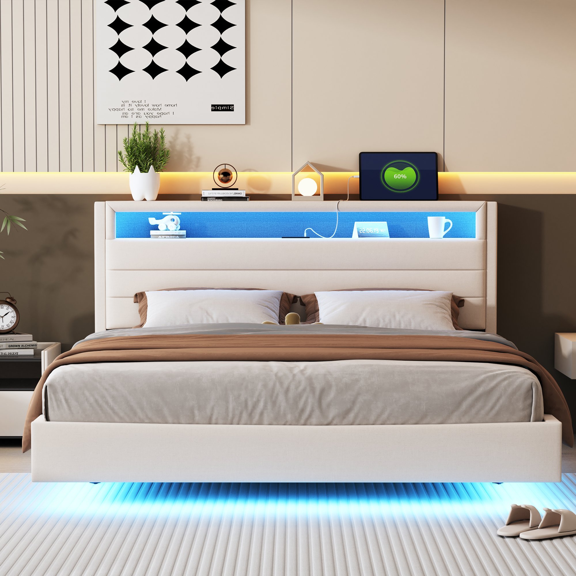 Lit rembourré avec LED et USB, tête relevable pour rangement, 160x200