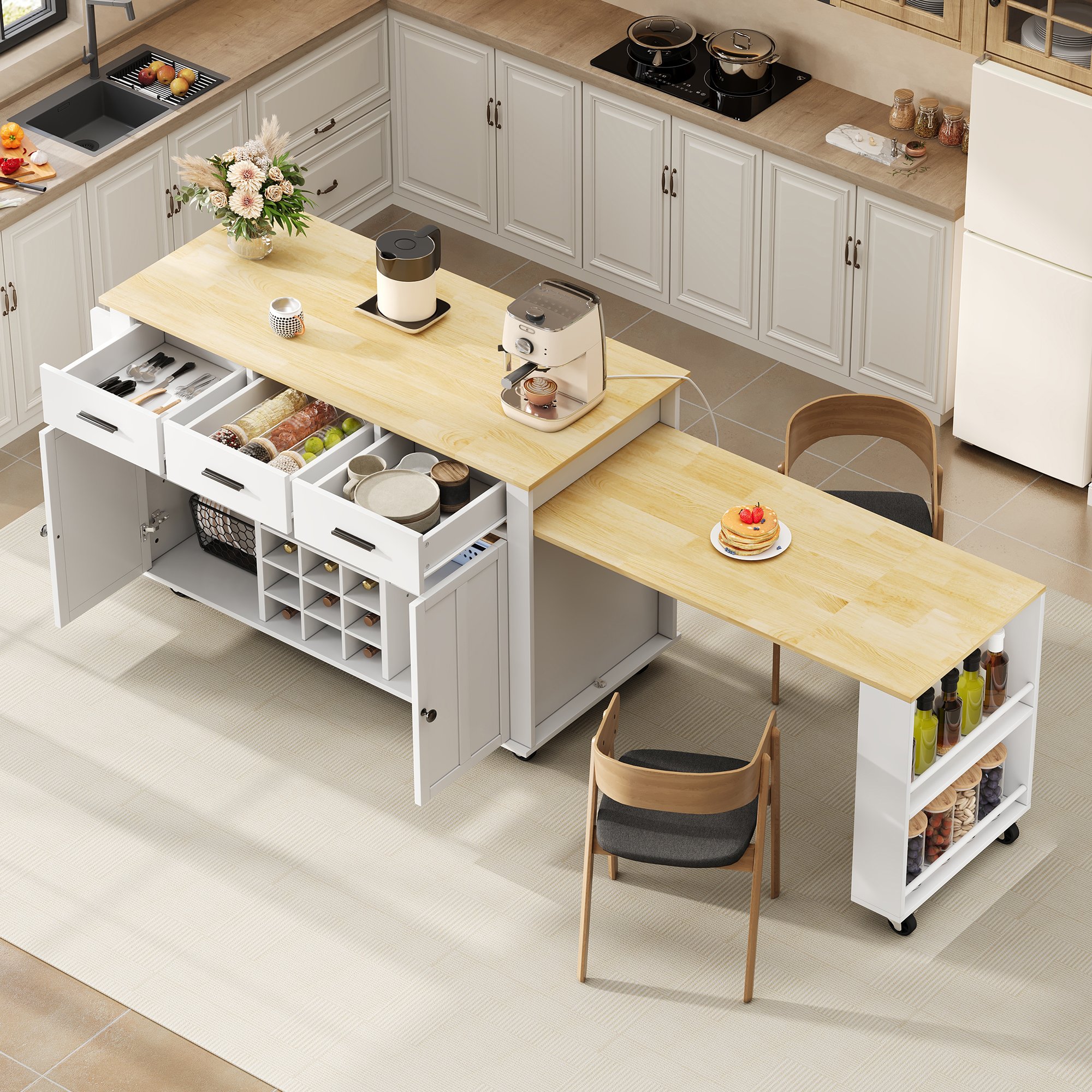 Îlot de cuisine blanc et chêne avec plan de travail extensible, rangement, 3 tiroirs, porte-bouteilles, prises USB, 7 roulettes, 136x50x93 cm
