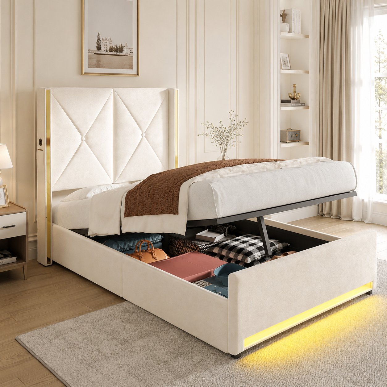 Lit coffre 90x200 en velours beige, structure métallique, sommier à lattes, avec rangement hydraulique et LED