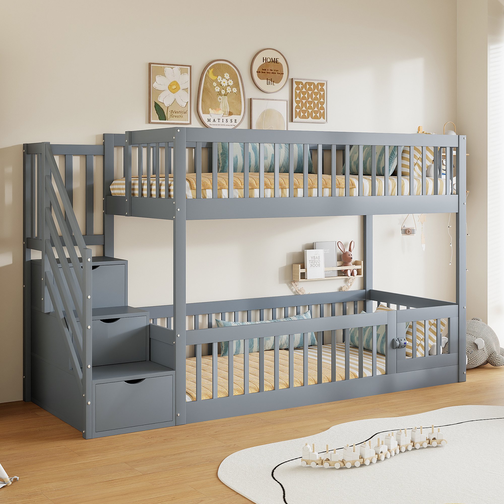 Lit superposé enfant avec échelle sécurisée et rangements intégrés, 90x200 cm